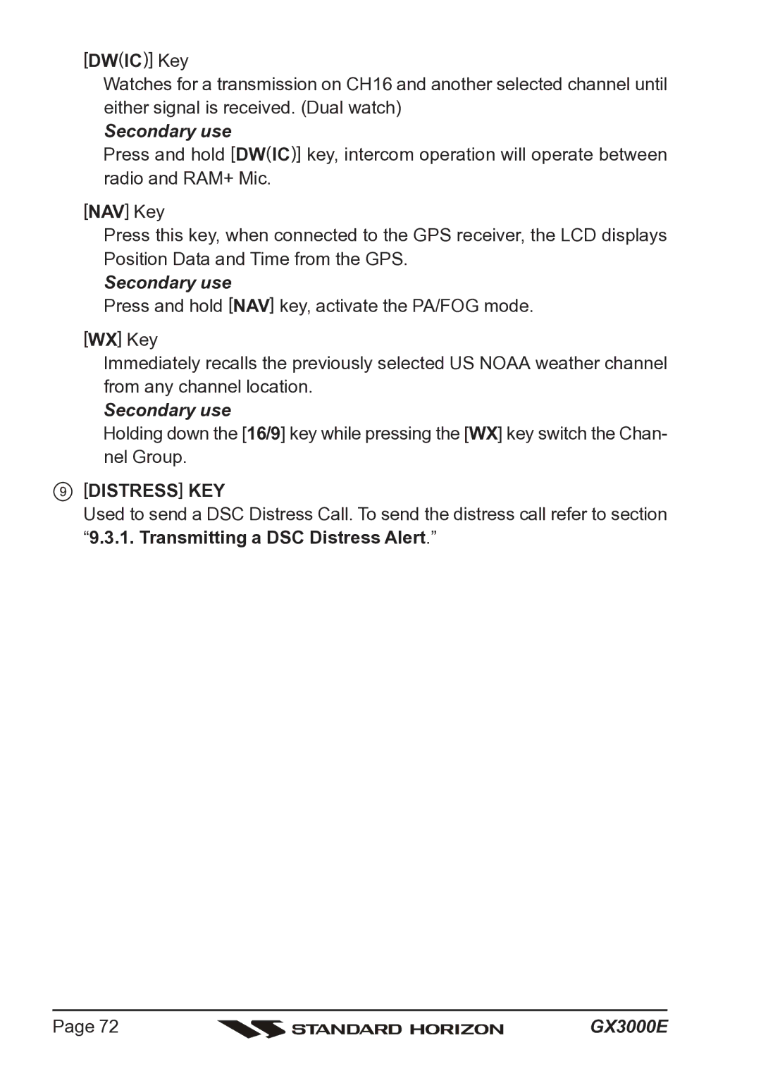 Standard Horizon Matrix GX3000E owner manual Distress KEY 