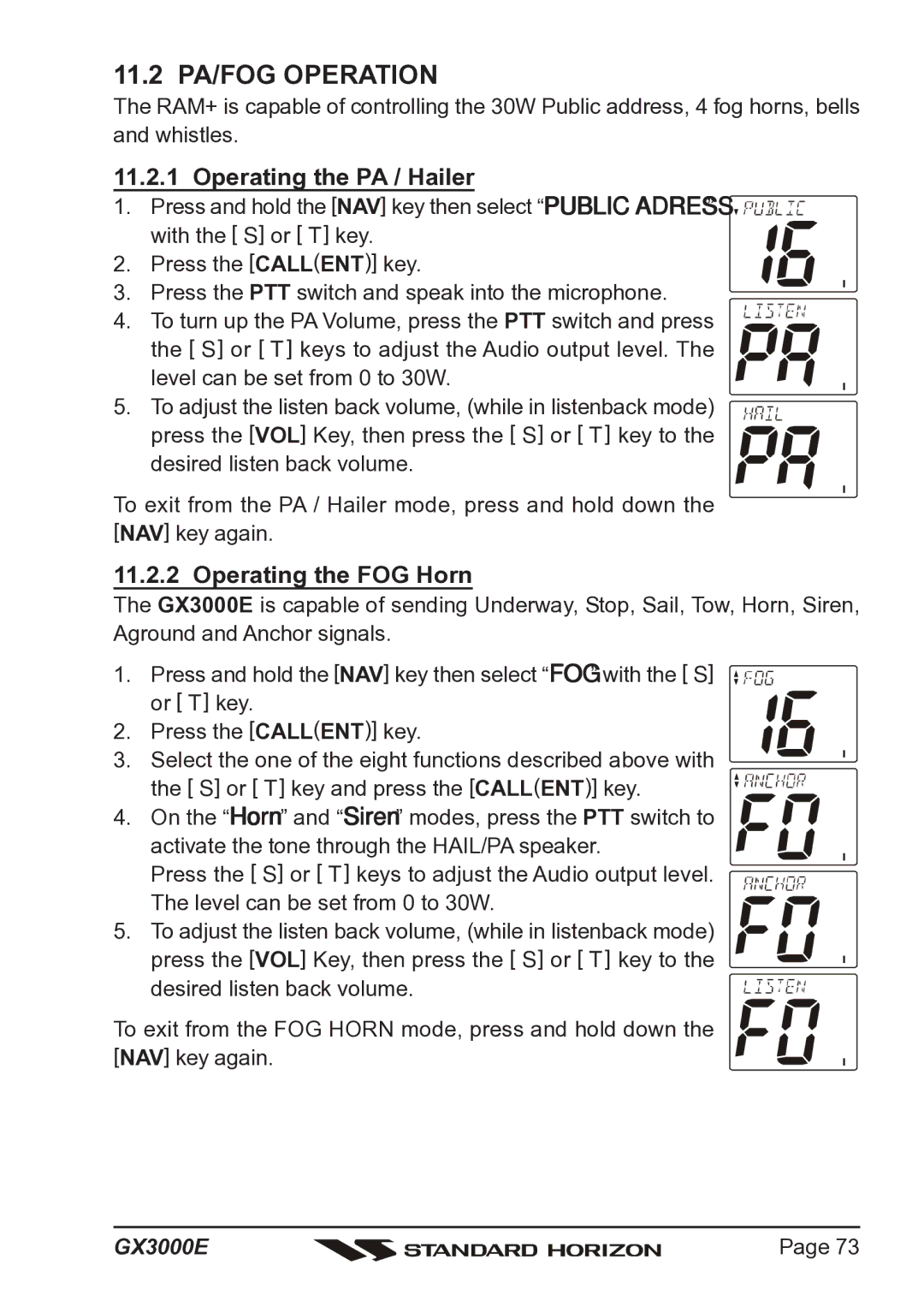 Standard Horizon Matrix GX3000E owner manual 11.2 PA/FOG Operation, Operating the PA / Hailer, Operating the FOG Horn 