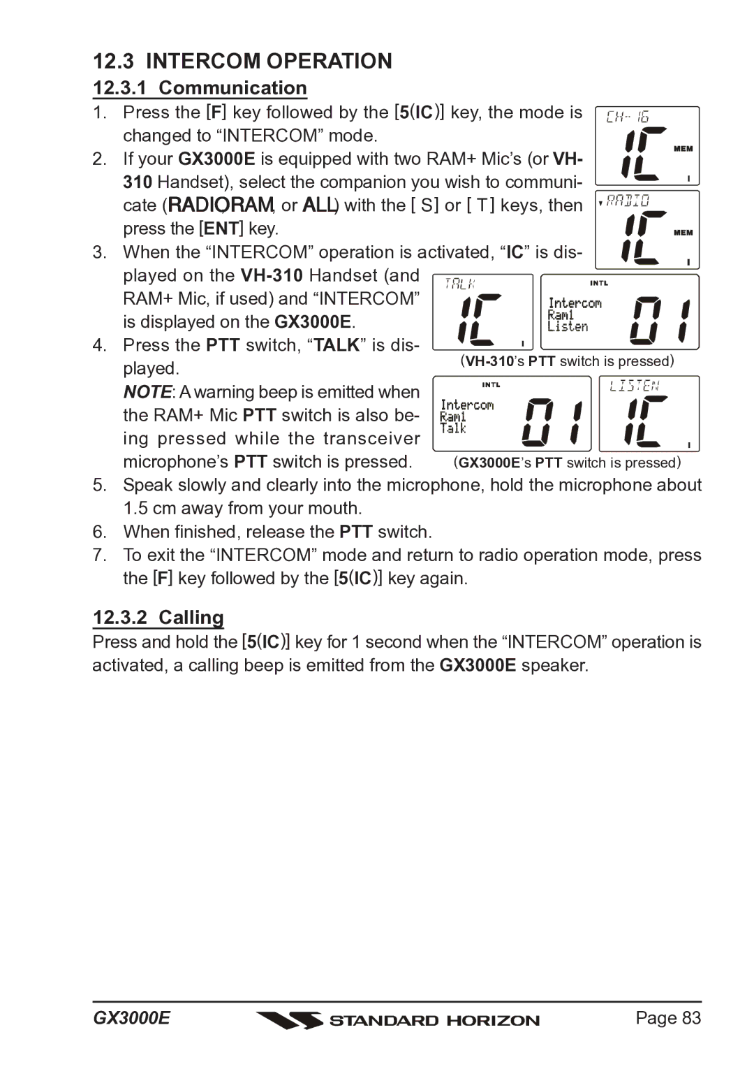 Standard Horizon Matrix GX3000E owner manual Intercom Operation 