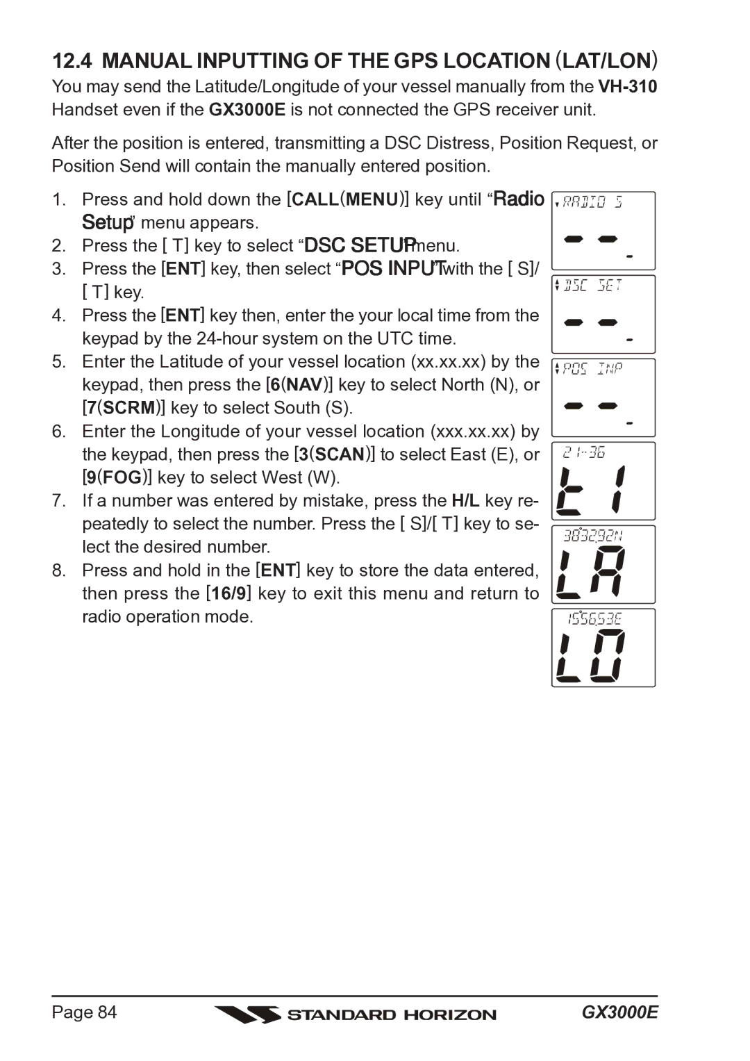 Standard Horizon Matrix GX3000E owner manual Manual Inputting of the GPS Location LAT/LON 