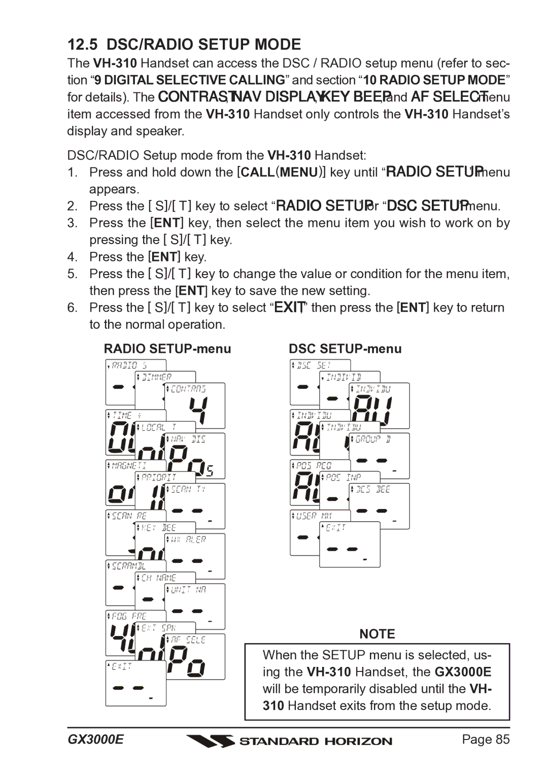 Standard Horizon Matrix GX3000E owner manual 12.5 DSC/RADIO Setup Mode, Radio SETUP-menu DSC SETUP-menu 