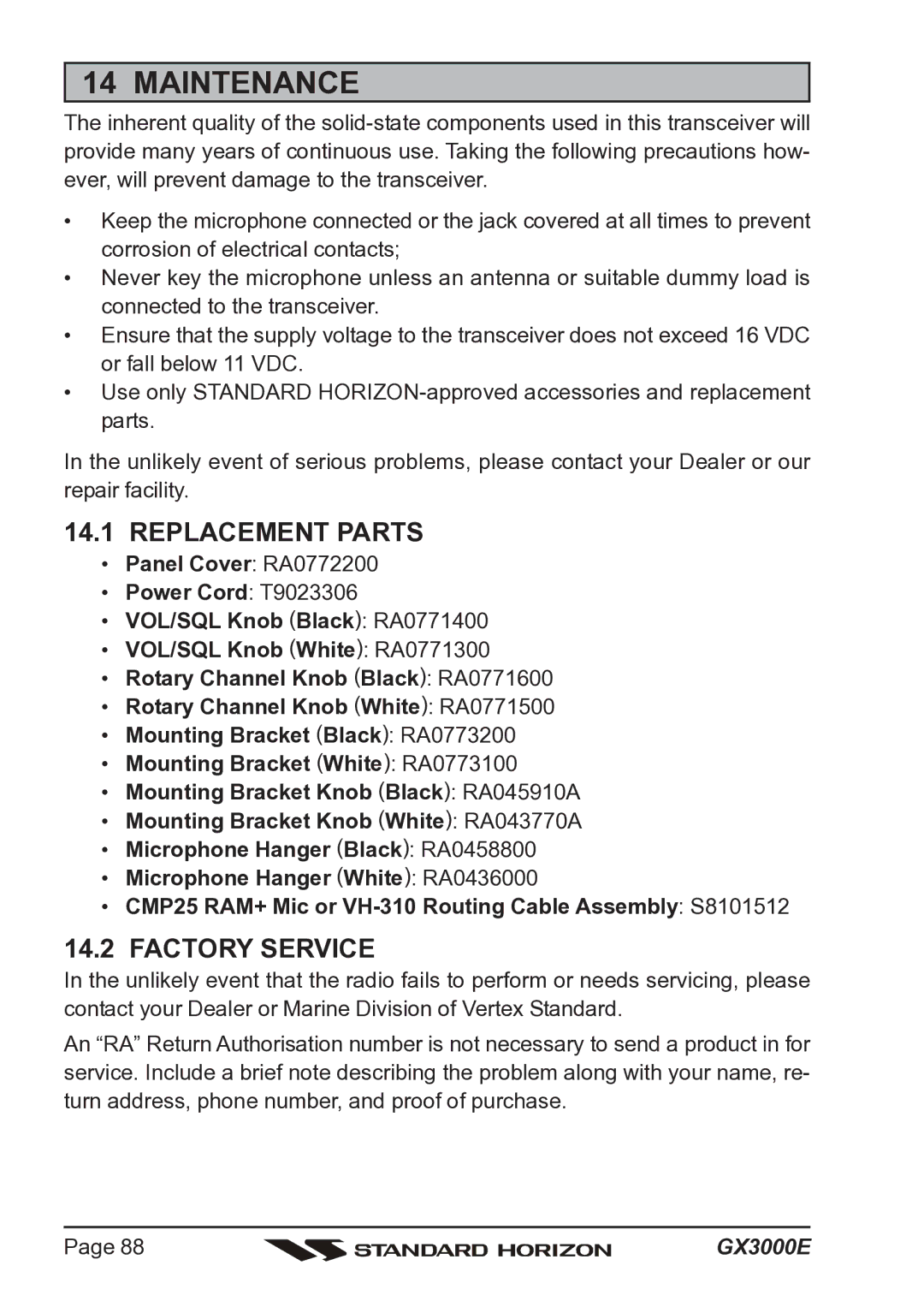 Standard Horizon Matrix GX3000E owner manual Maintenance, Replacement Parts, Factory Service 