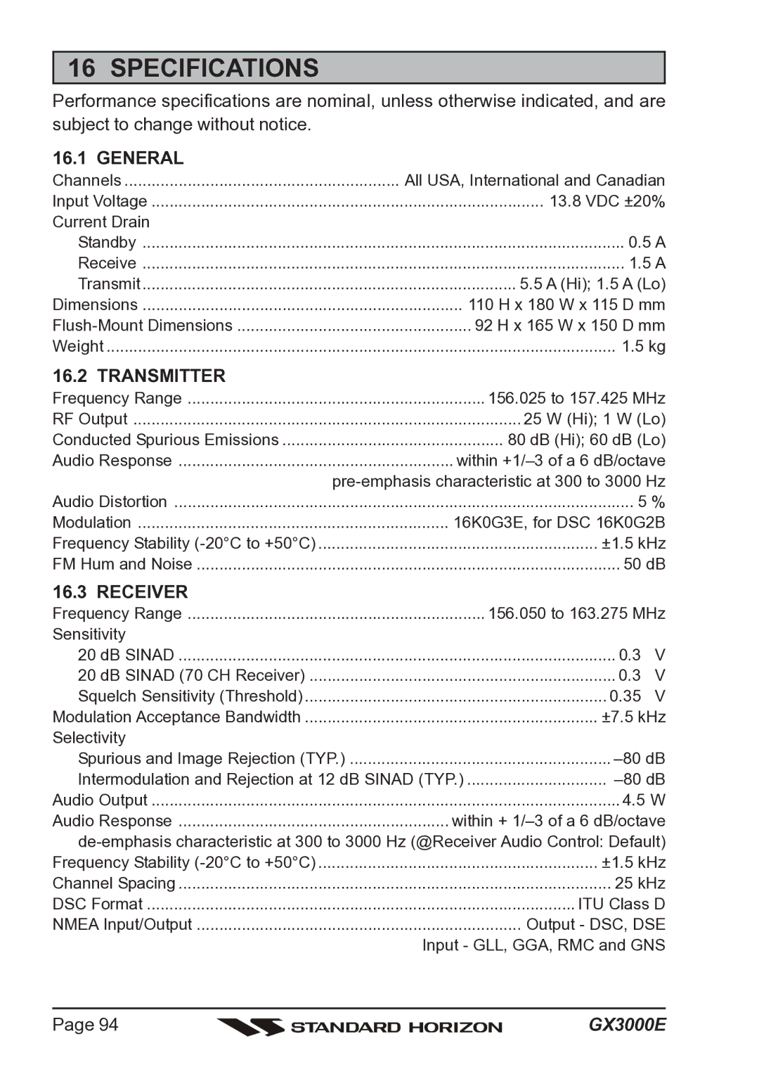 Standard Horizon Matrix GX3000E owner manual Specifications, General 