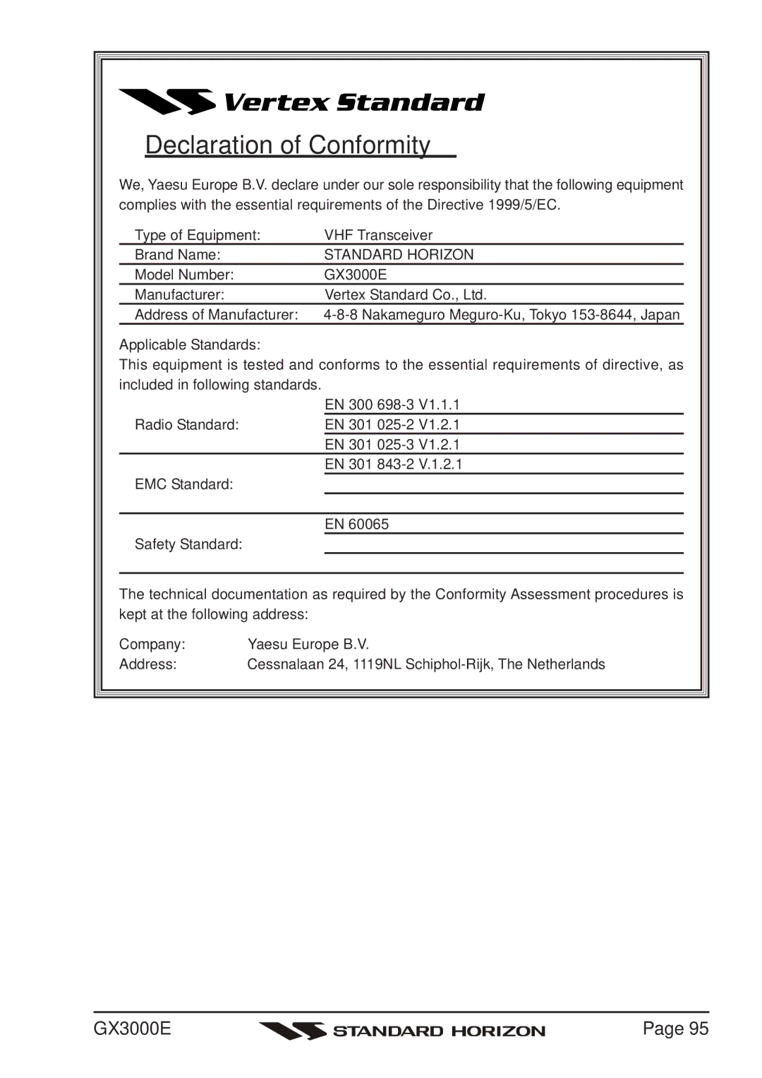 Standard Horizon Matrix GX3000E owner manual Declaration of Conformity 