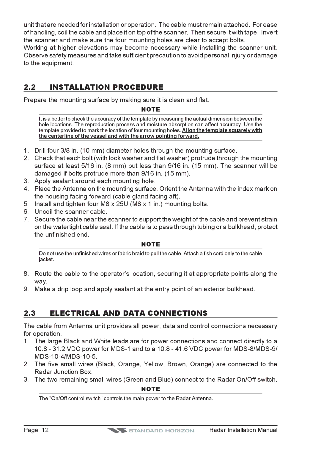 Standard Horizon MDS-8, MDS-9, MDS-10-5, MDS-10-4 manual Installation Procedure, Electrical and Data Connections 