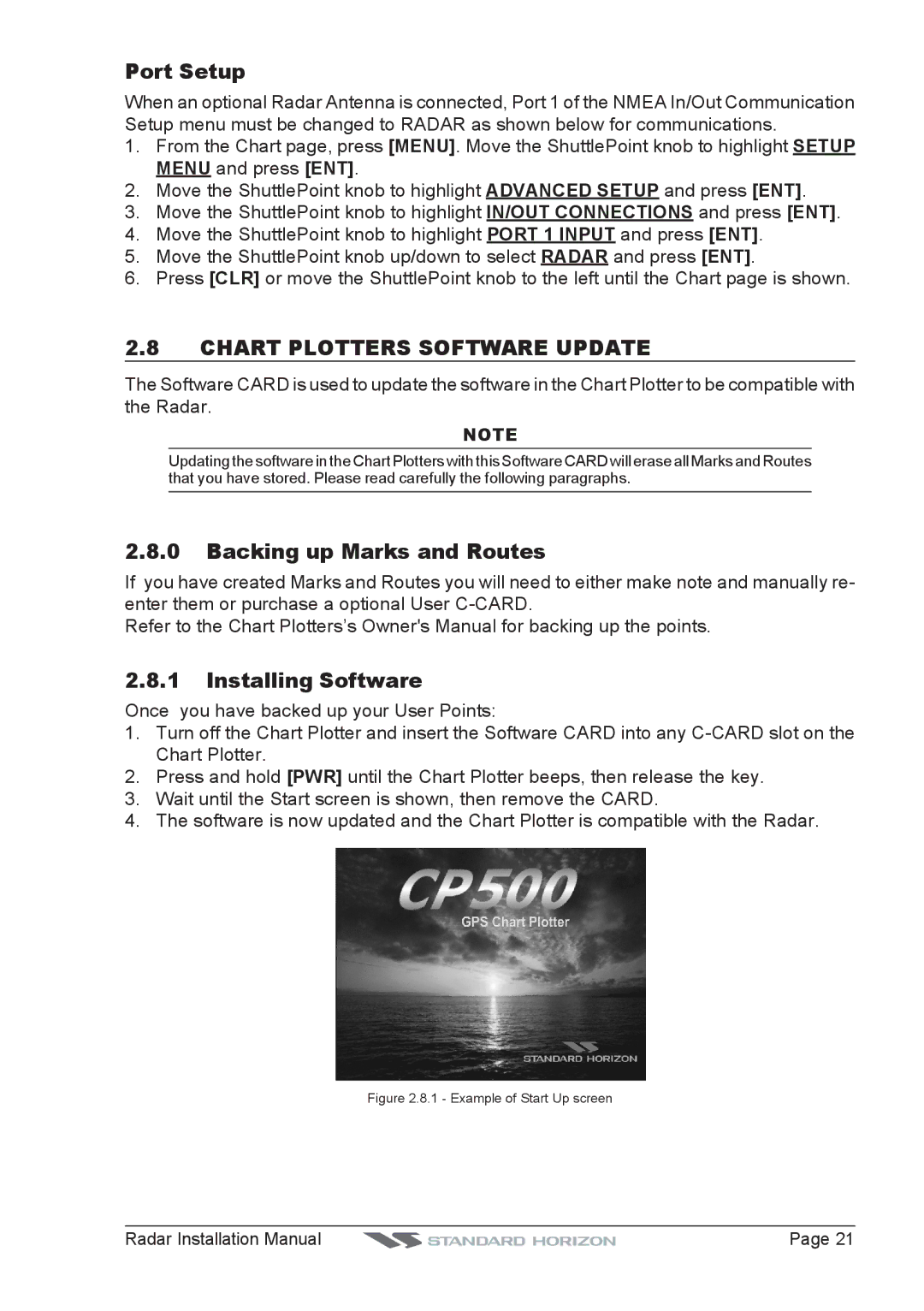 Standard Horizon MDS-10-4, MDS-8, MDS-9 Chart Plotters Software Update, Backing up Marks and Routes, Installing Software 