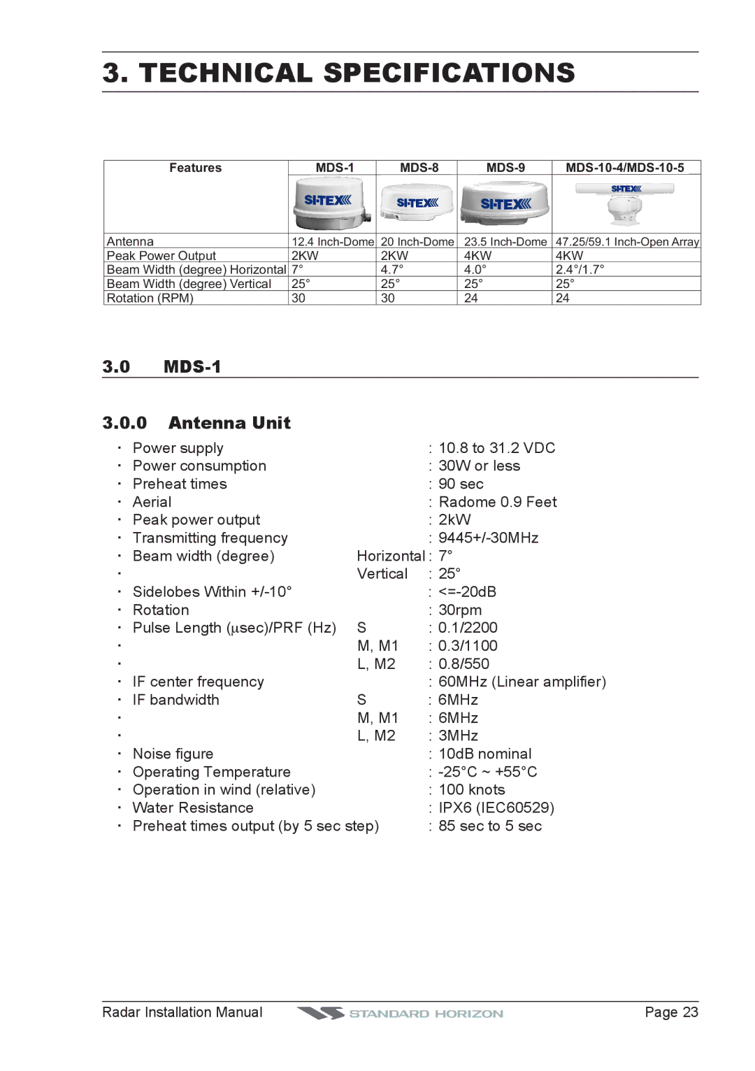 Standard Horizon manual Technical Specifications, MDS-1 Antenna Unit, Features MDS-1 MDS-8 MDS-9 MDS-10-4/MDS-10-5 