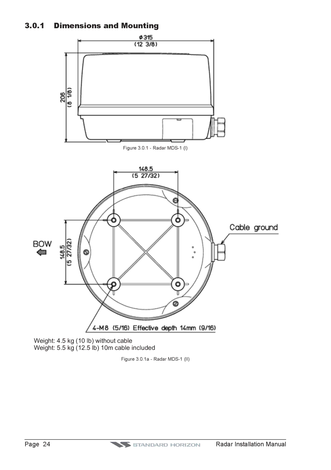 Standard Horizon MDS-10-5, MDS-8, MDS-9, MDS-10-4 manual Dimensions and Mounting, Radar MDS-1 