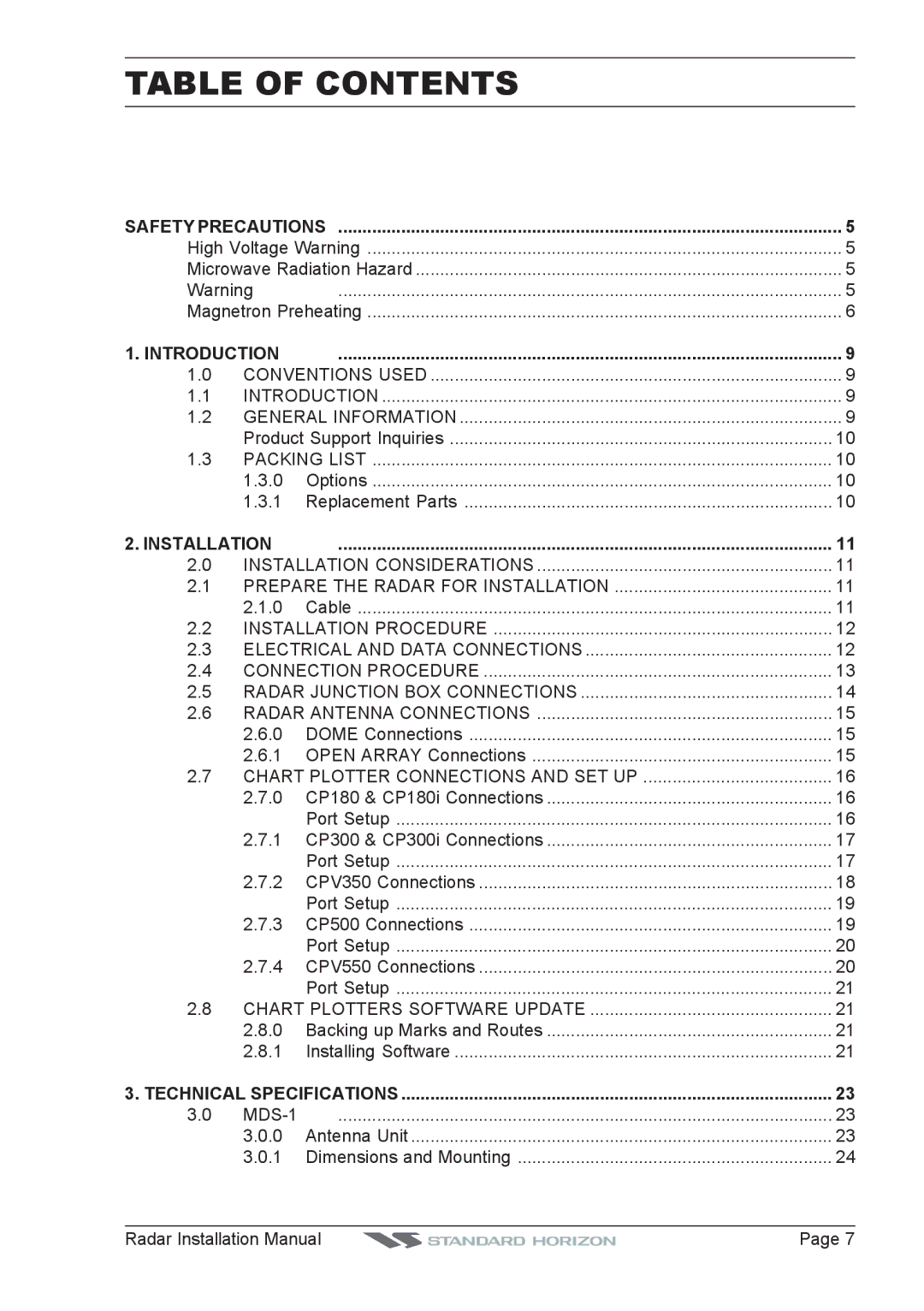 Standard Horizon MDS-8, MDS-9, MDS-10-5, MDS-10-4 manual Table of Contents 