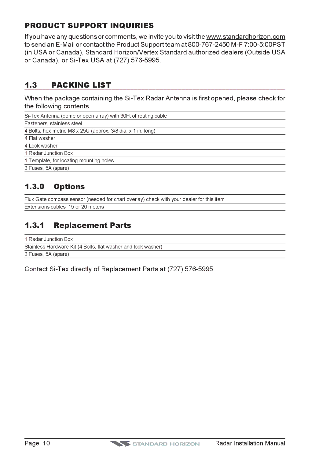 Standard Horizon MDS-8, MDS-9, MDS-10-5, MDS-10-4 manual Product Support Inquiries Packing List, Options, Replacement Parts 