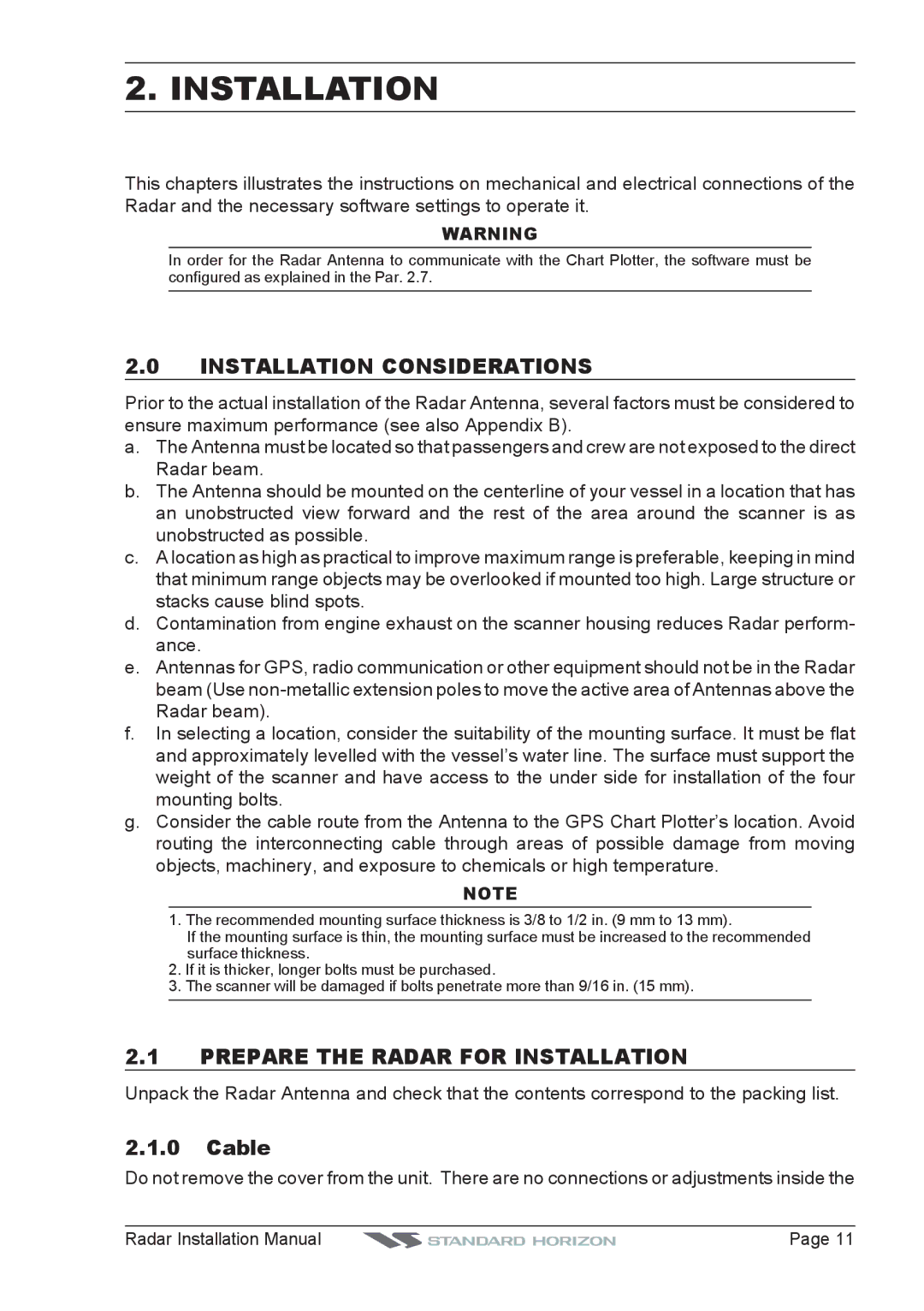 Standard Horizon MDS-10-4, MDS-8, MDS-9, MDS-10-5 Installation Considerations, Prepare the Radar for Installation, Cable 