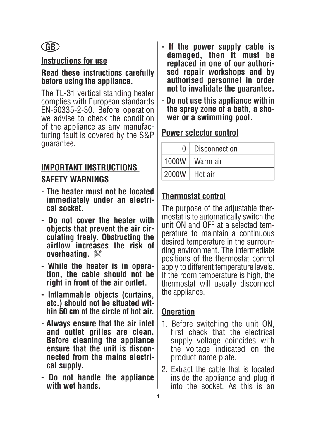 Standard Horizon TL-31 Instructions for use, Important Instructions Safety Warnings, Power selector control, Operation 