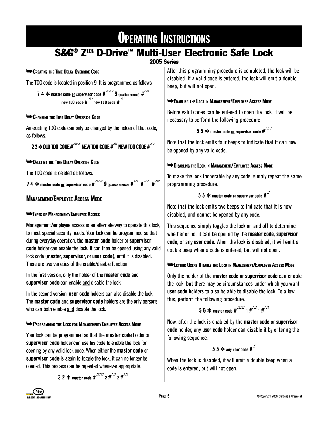 Stanley Black & Decker 2005 Series manual Operating Instructions, S&G Z03 D-Drive Multi-UserElectronic Safe Lock 