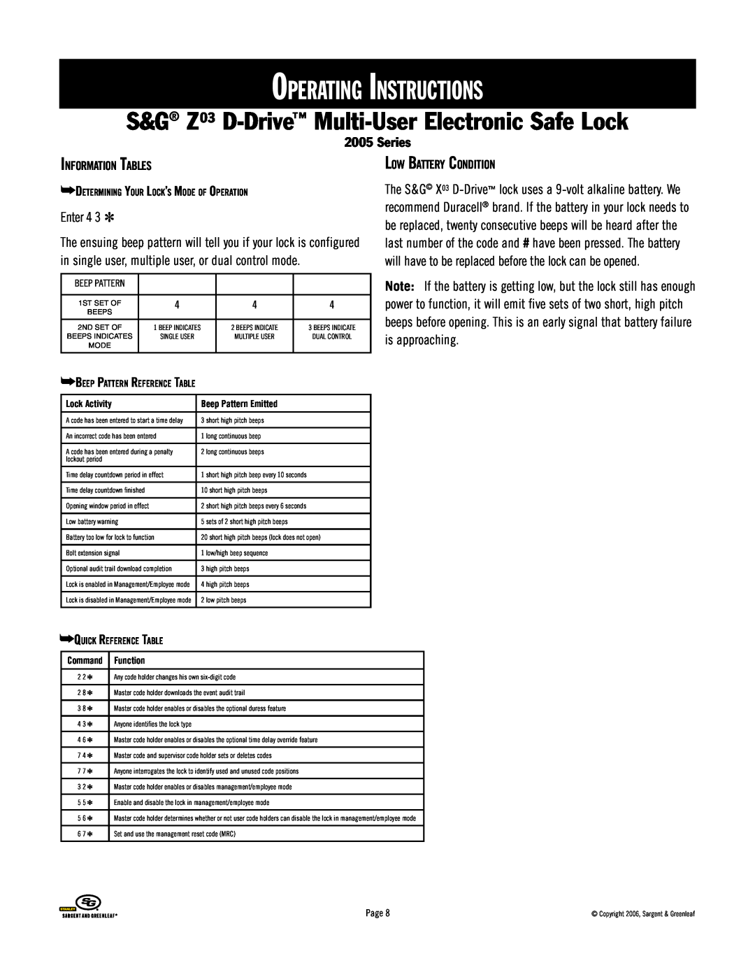Stanley Black & Decker 2005 Series Enter, Operating Instructions, S&G Z03 D-Drive Multi-UserElectronic Safe Lock, Function 