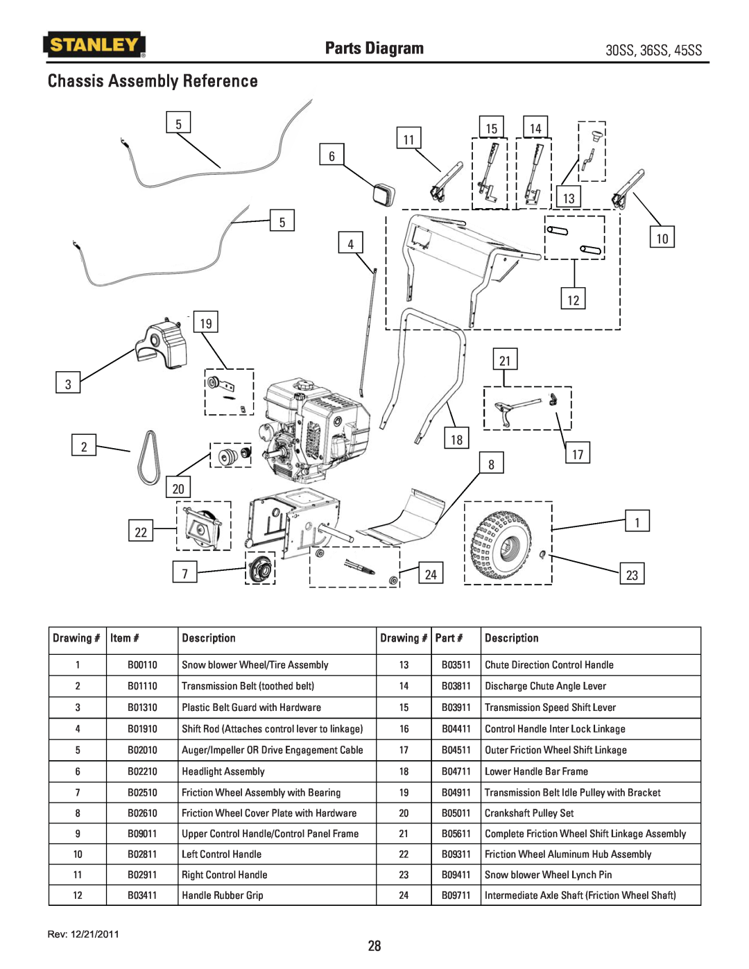 Stanley Black & Decker 36SS, 30SS, 45SS Parts Diagram, Chassis Assembly Reference, Item #, Description, Drawing # 