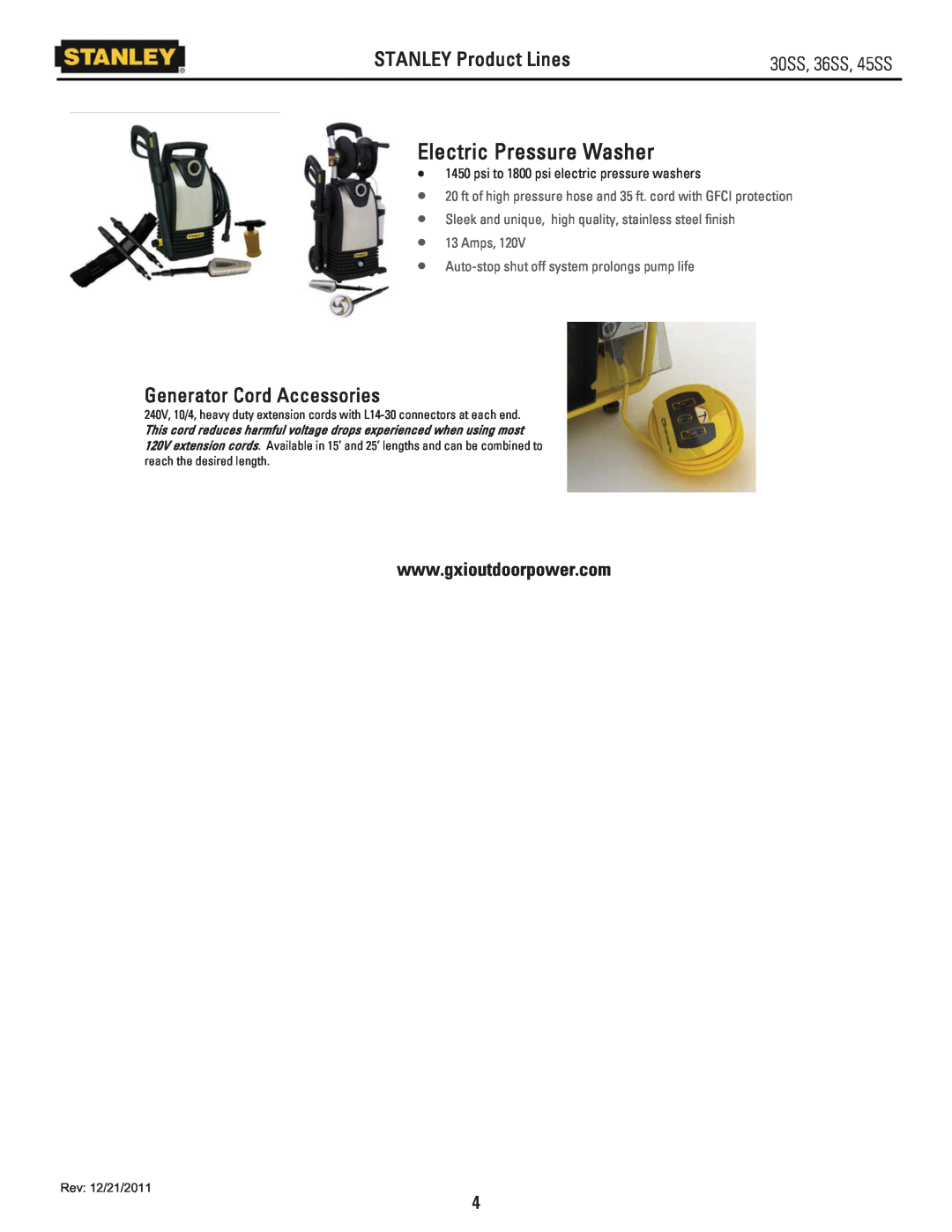 Stanley Black & Decker 30SS, 36SS, 45SS owner manual STANLEY Product Lines, Generator Cord Accessories 