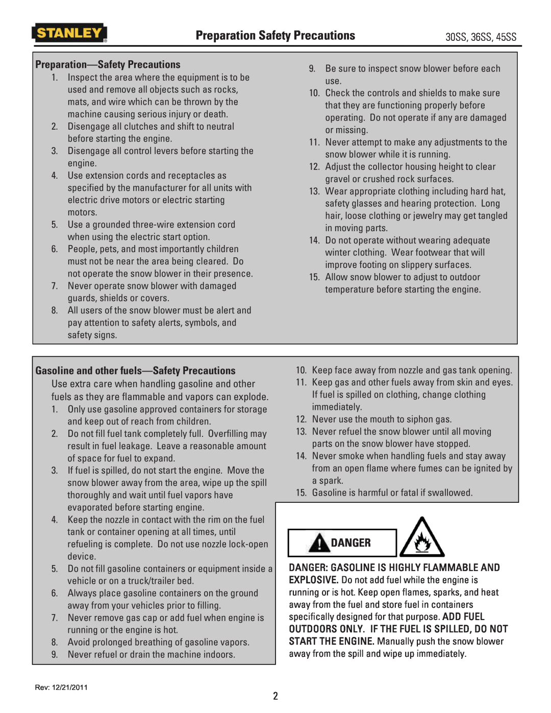 Stanley Black & Decker 30SS, 36SS, 45SS owner manual Preparation Safety Precautions, Preparation-Safety Precautions 
