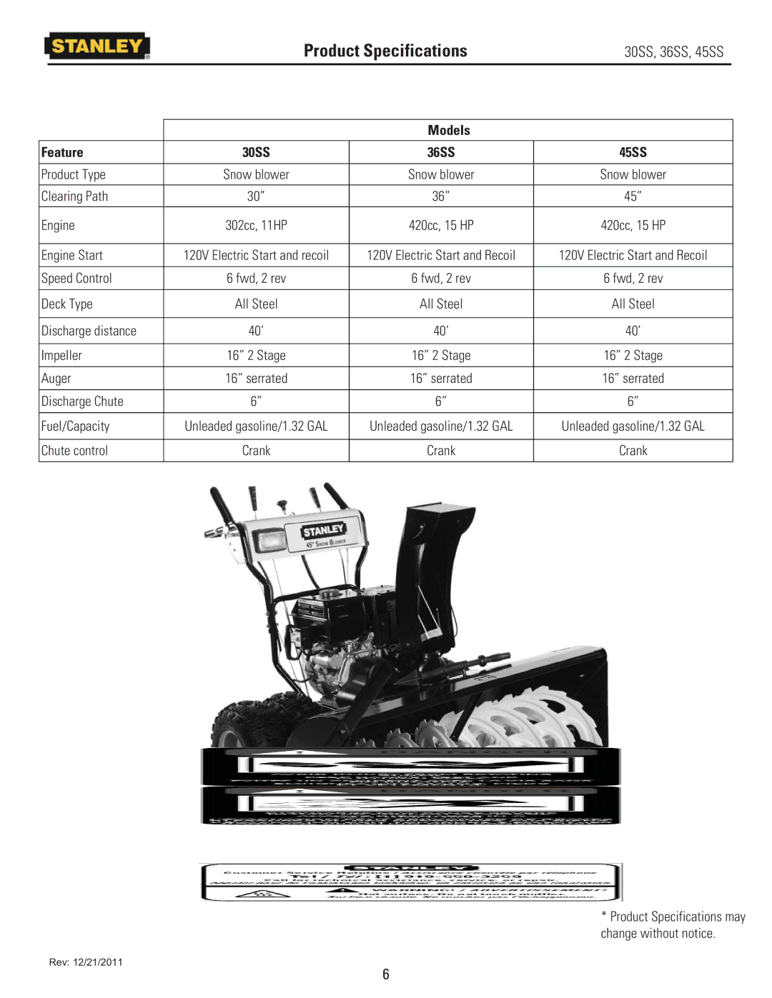 Stanley Black & Decker 45SS, 36SS, 30SS owner manual Product Specifications, Models Feature 