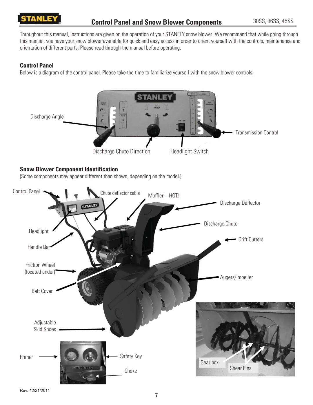 Stanley Black & Decker 36SS, 30SS, 45SS owner manual Control Panel and Snow Blower Components, Discharge Chute Direction 