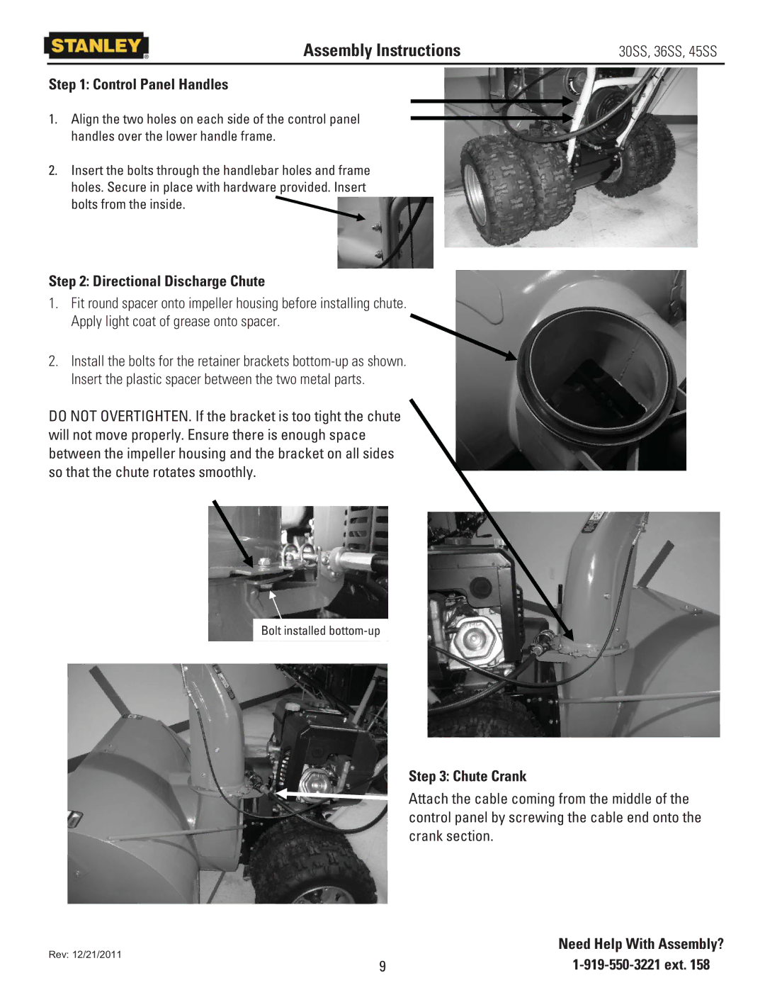 Stanley Black & Decker 45SS, 36SS Assembly Instructions, Control Panel Handles, Directional Discharge Chute, Chute Crank 