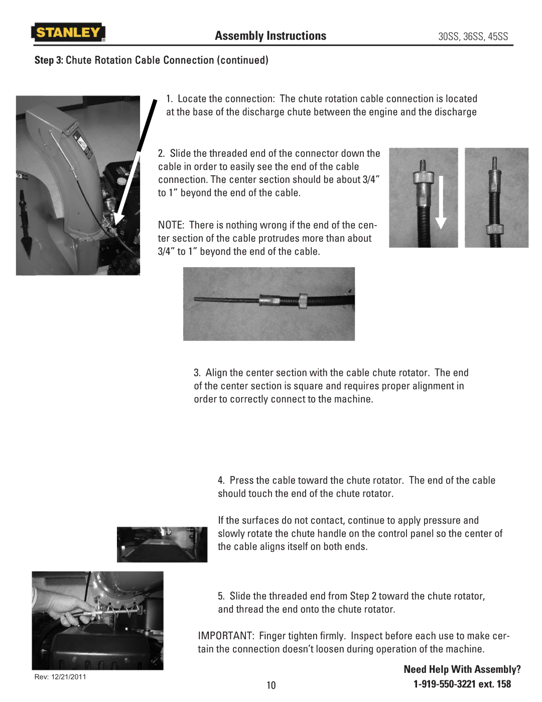 Stanley Black & Decker 36SS, 30SS, 45SS owner manual Chute Rotation Cable Connection 