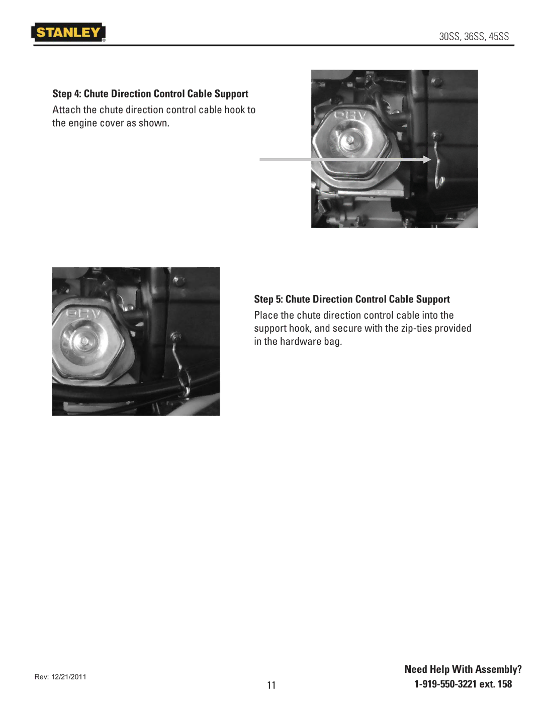 Stanley Black & Decker owner manual 30SS, 36SS, 45SS, Chute Direction Control Cable Support 