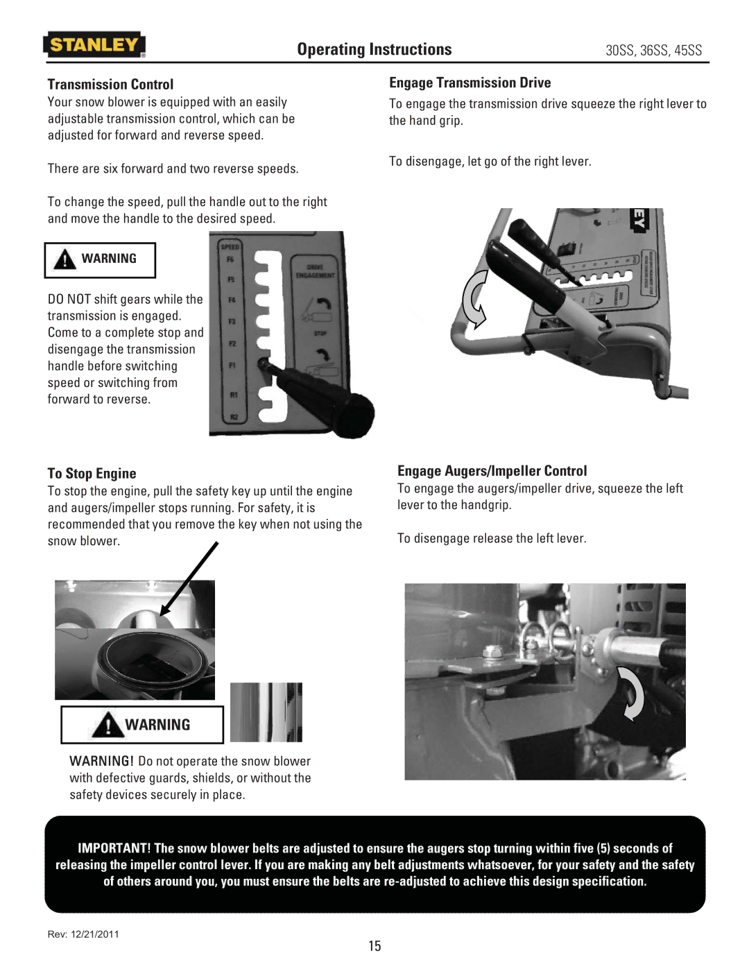 Stanley Black & Decker 45SS, 36SS Operating Instructions, Transmission Control, Engage Transmission Drive, To Stop Engine 