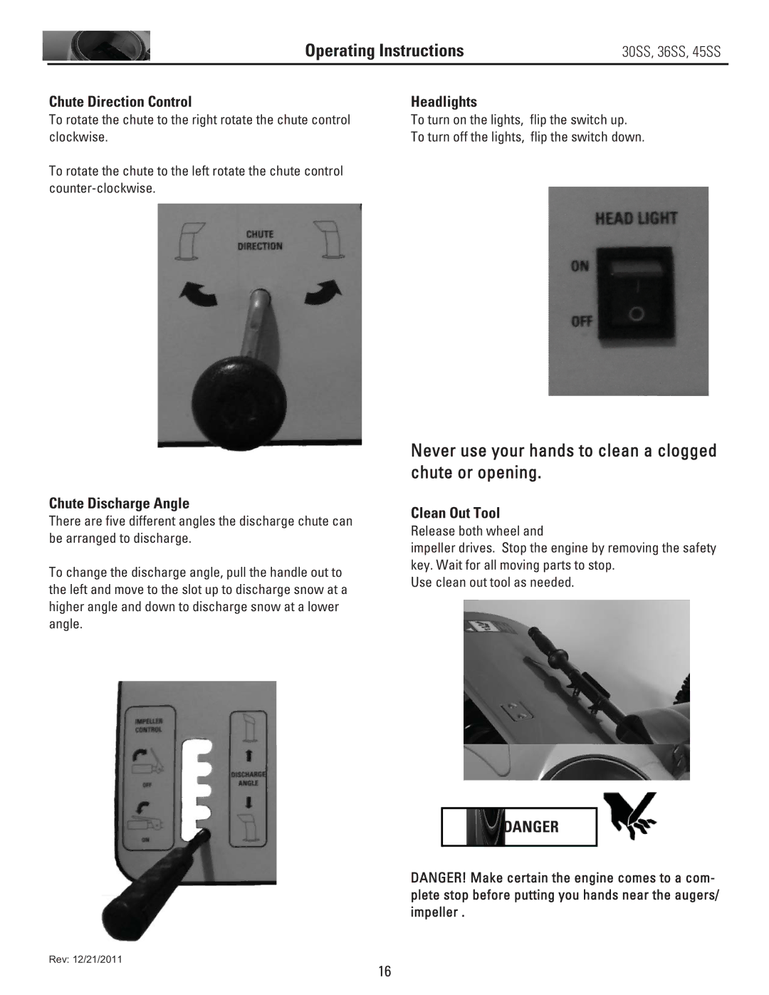 Stanley Black & Decker 36SS Never use your hands to clean a clogged chute or opening, Chute Direction Control, Headlights 