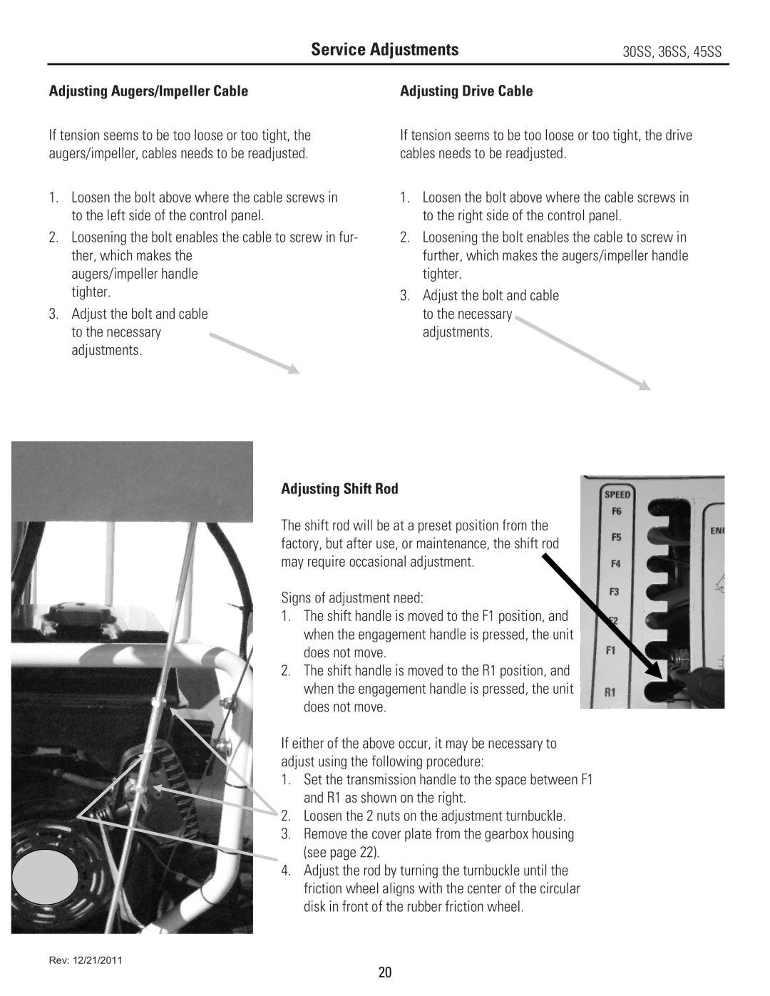 Stanley Black & Decker 30SS, 36SS, 45SS Service Adjustments, Adjusting Augers/Impeller Cable, Adjusting Drive Cable 