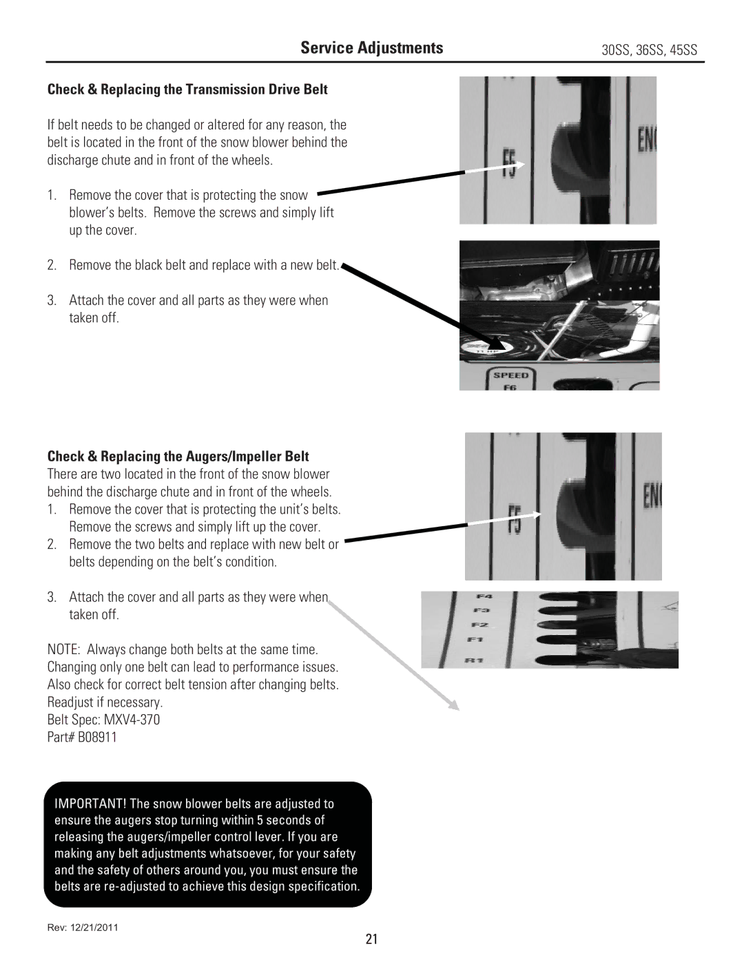 Stanley Black & Decker 45SS, 36SS, 30SS owner manual Check & Replacing the Transmission Drive Belt 