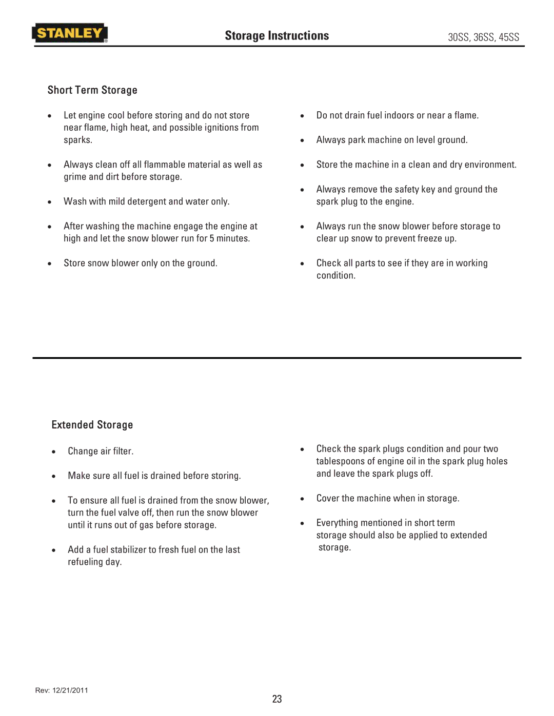 Stanley Black & Decker 30SS, 36SS, 45SS owner manual Storage Instructions, Short Term Storage, Extended Storage 