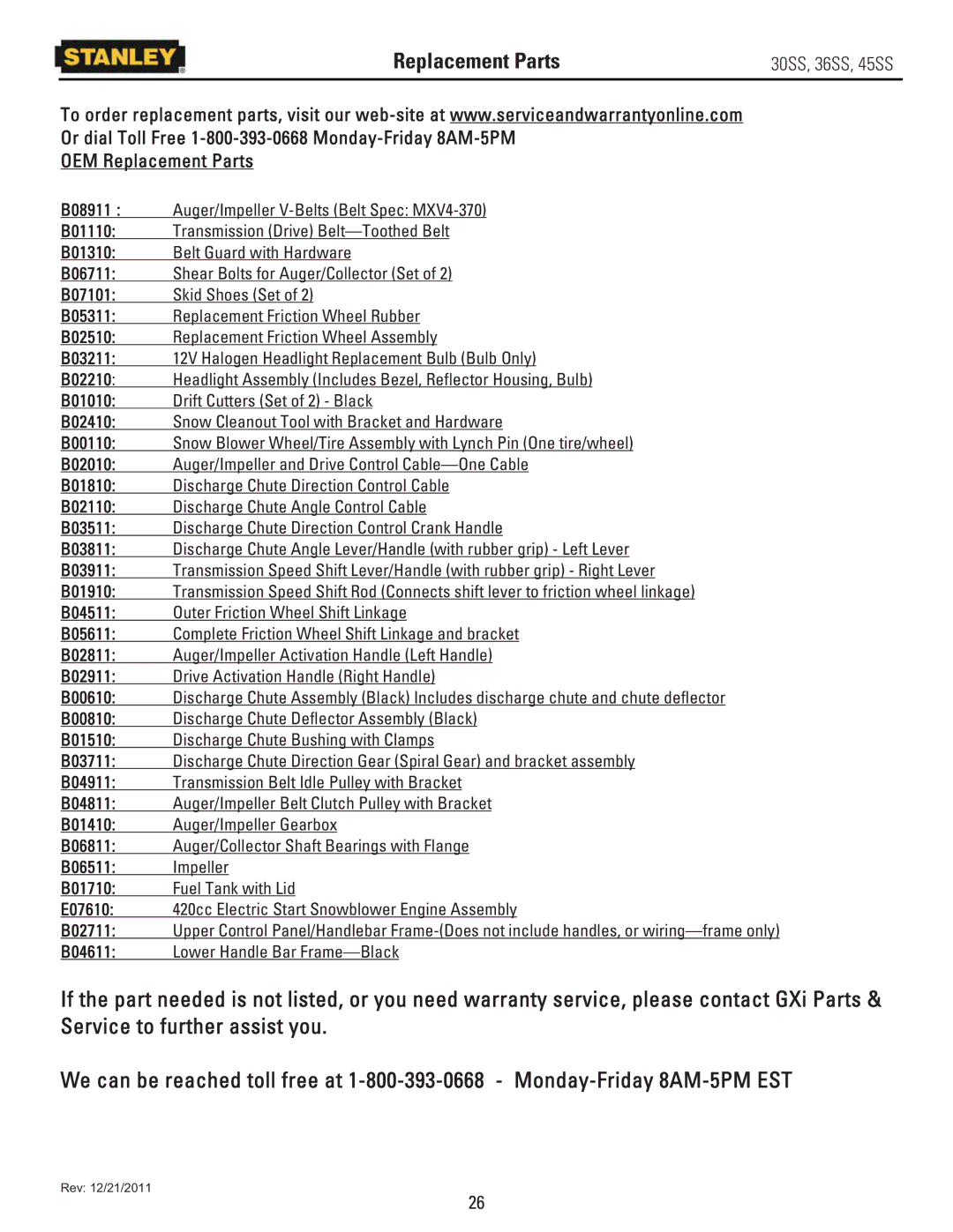 Stanley Black & Decker 30SS, 36SS, 45SS owner manual OEM Replacement Parts 