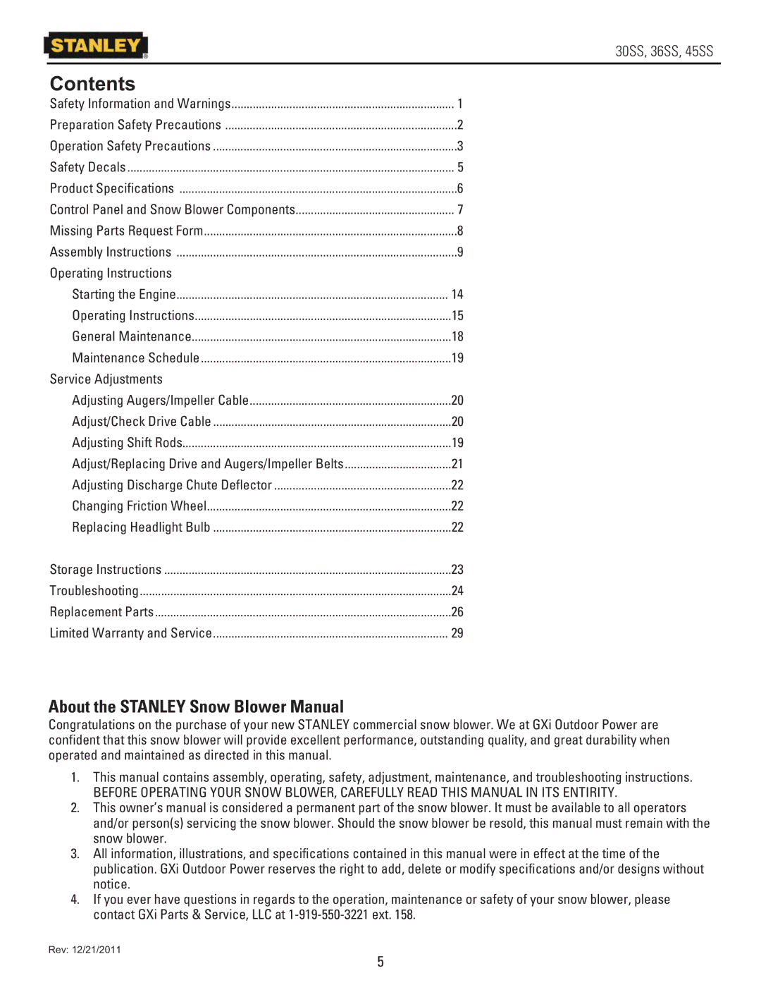 Stanley Black & Decker 45SS, 36SS, 30SS owner manual Contents 