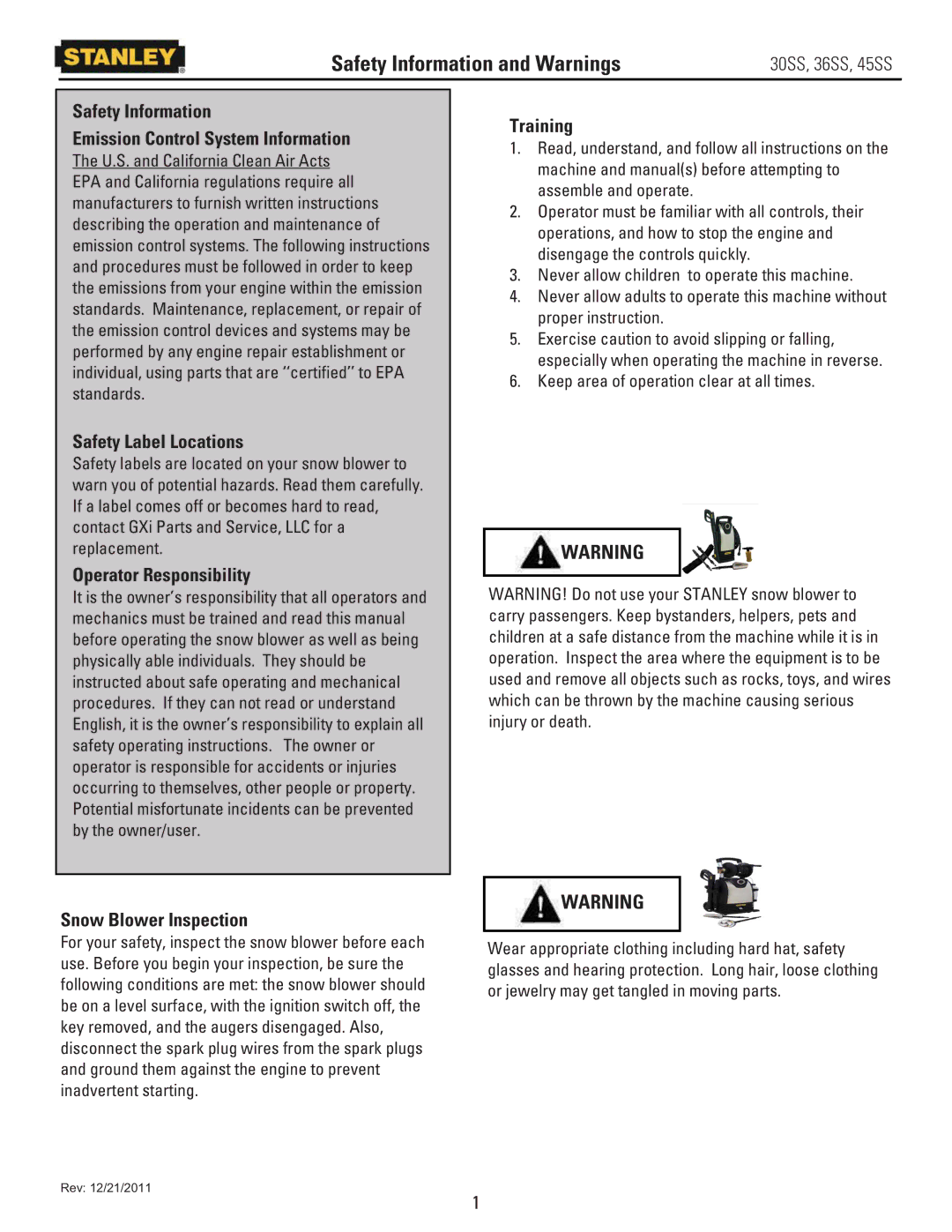 Stanley Black & Decker 36SS, 30SS, 45SS owner manual Safety Information and Warnings 