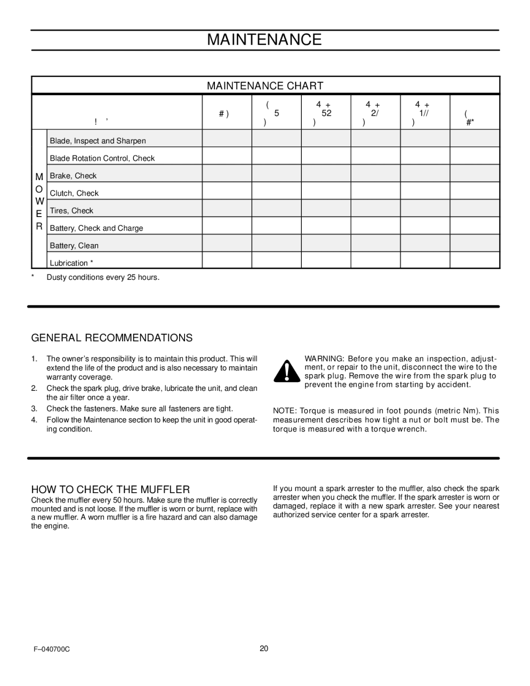 Stanley Black & Decker 387002x92NA manual Maintenance Chart, General Recommendations, HOW to Check the Muffler 