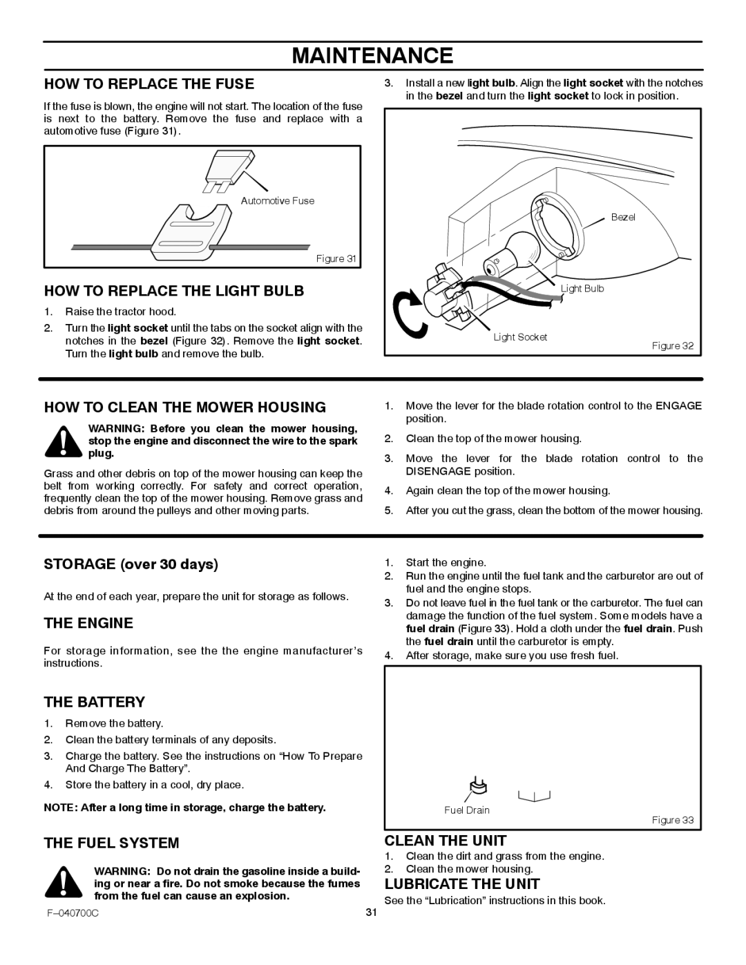 Stanley Black & Decker 387002x92NA HOW to Replace the Fuse, HOW to Replace the Light Bulb, HOW to Clean the Mower Housing 