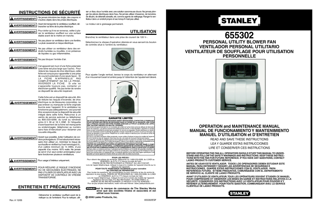 Stanley Black & Decker 655302 manuel dutilisation Utilisation, Manual DE Funcionamiento Y Mantenimiento 