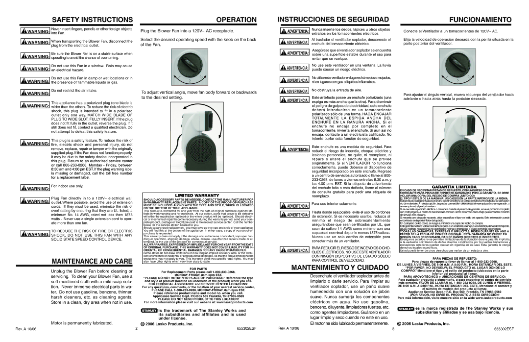 Stanley Black & Decker 655302 manuel dutilisation Maintenance and Care, Mantenimiento Y Cuidado 