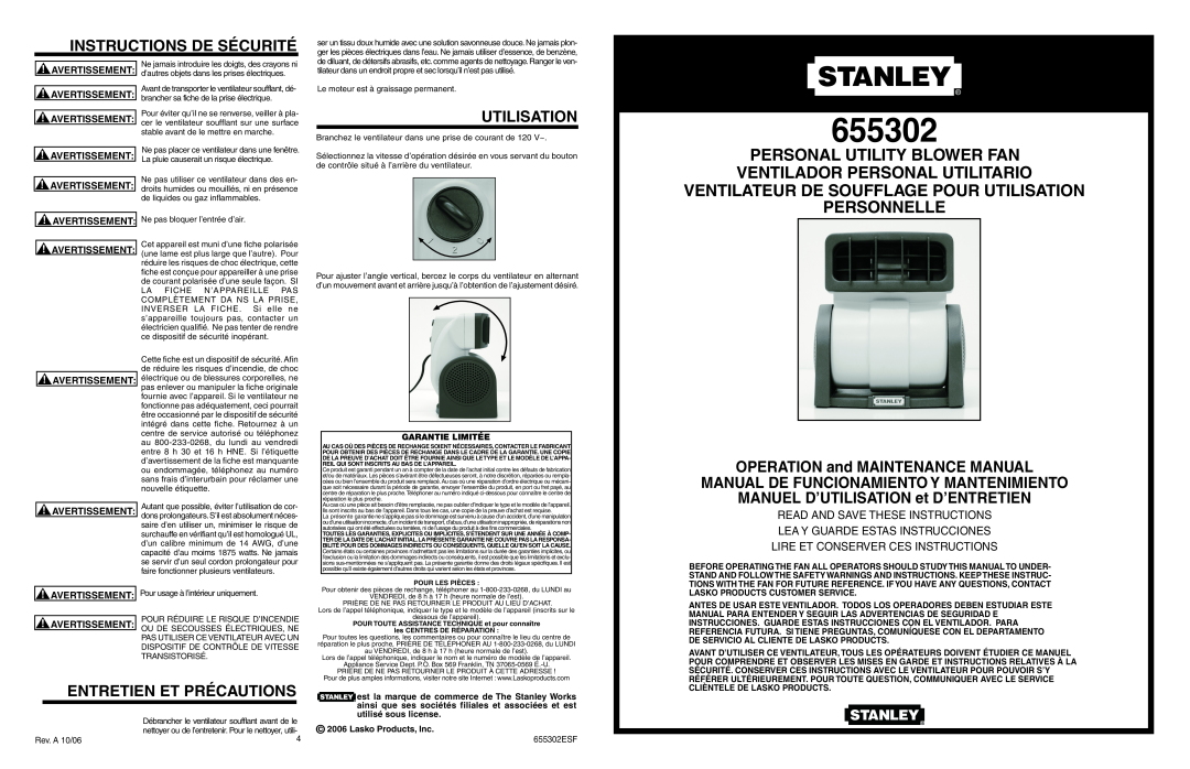 Stanley Black & Decker 655302 manuel dutilisation INSTRUCTIONS DE SƒCURITƒ, Utilisation, OPERATION and MAINTENANCE MANUAL 