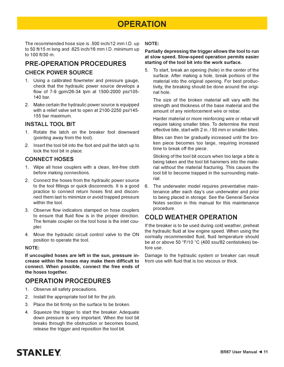 Stanley Black & Decker BR87 user manual PRE-OPERATION Procedures, Operation Procedures, Cold Weather Operation 