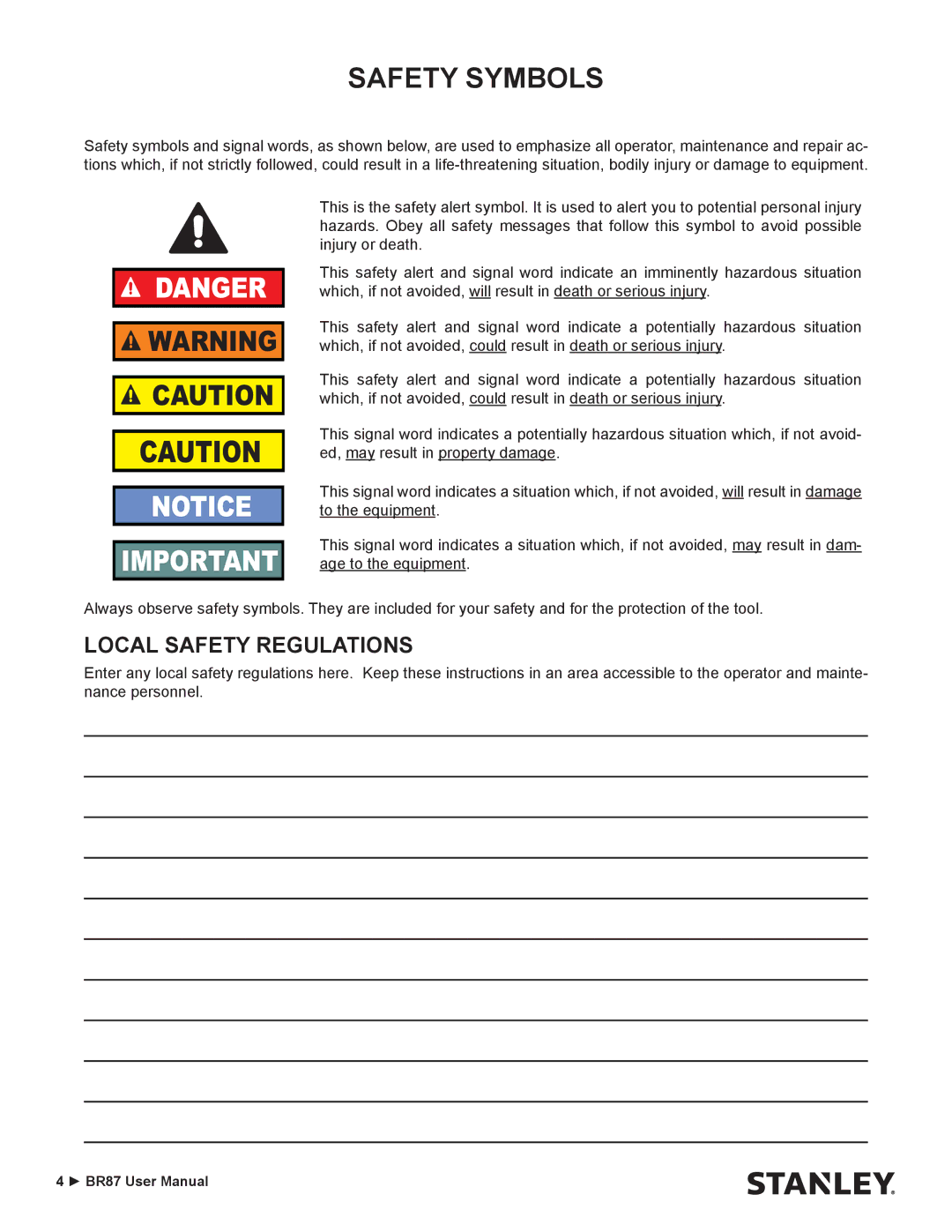 Stanley Black & Decker BR87 user manual Safety Symbols, Local Safety Regulations 