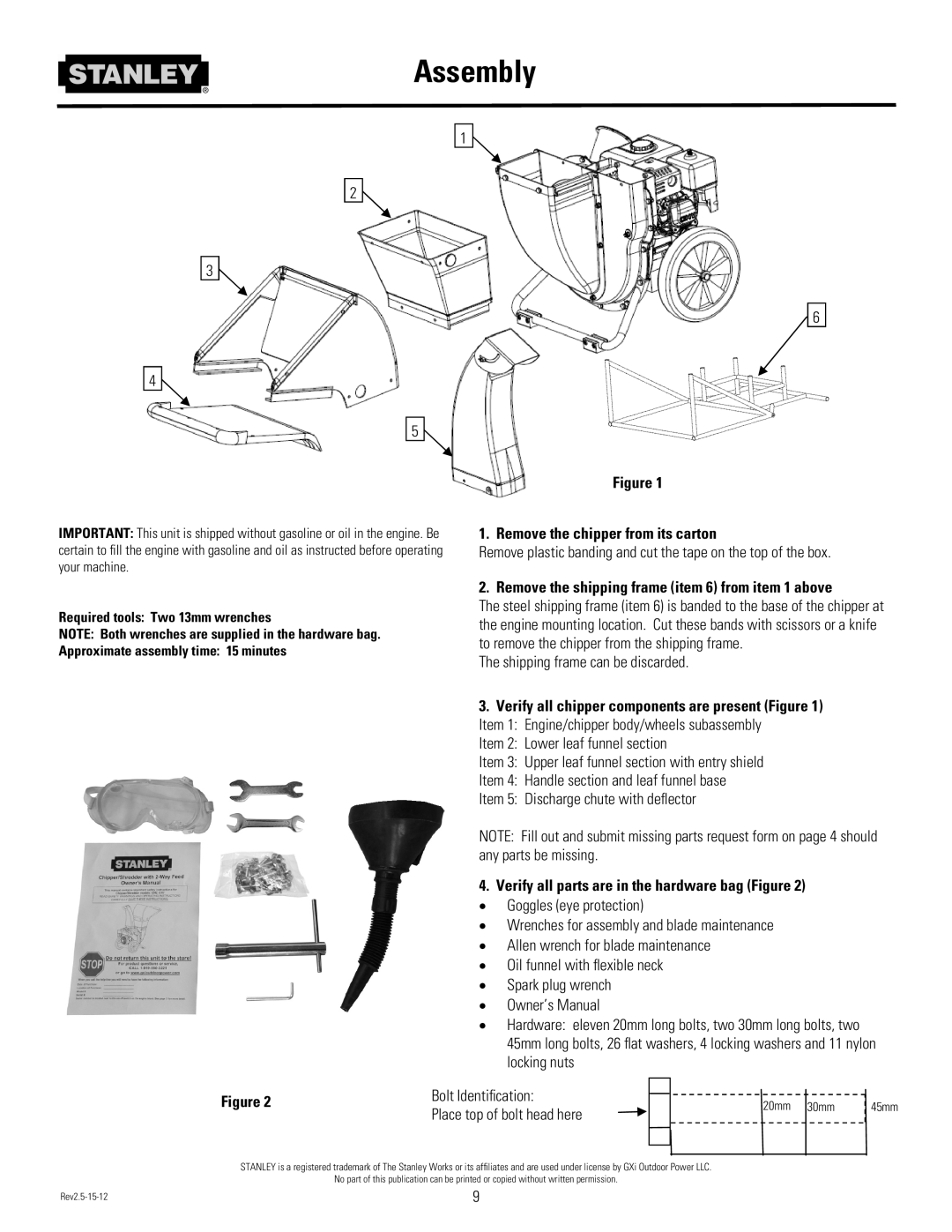 Stanley Black & Decker CH2 Assembly, Remove the chipper from its carton, Verify all parts are in the hardware bag Figure 