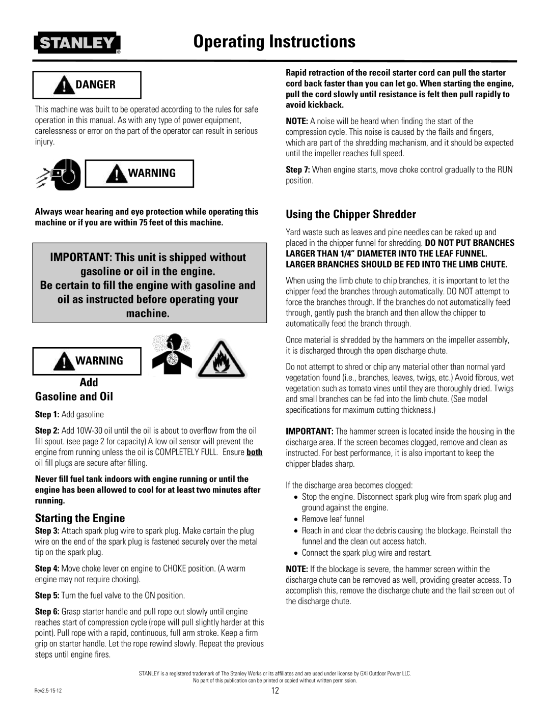 Stanley Black & Decker CH2 Operating Instructions, Starting the Engine, Using the Chipper Shredder, Add gasoline 