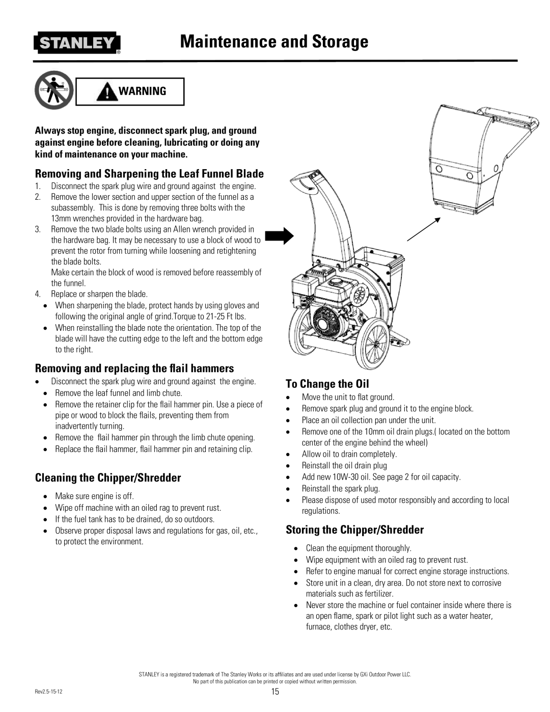 Stanley Black & Decker CH2 Removing and replacing the ﬂail hammers, Cleaning the Chipper/Shredder, To Change the Oil 