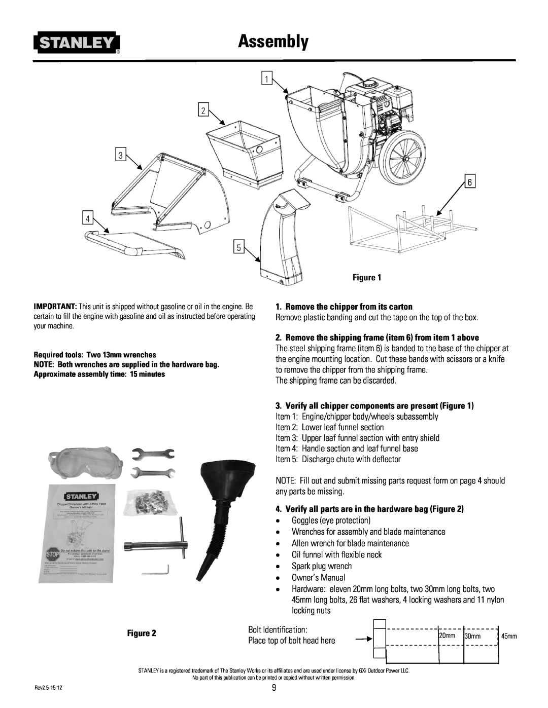 Stanley Black & Decker CH2 owner manual Assembly, Figure, Remove the chipper from its carton 