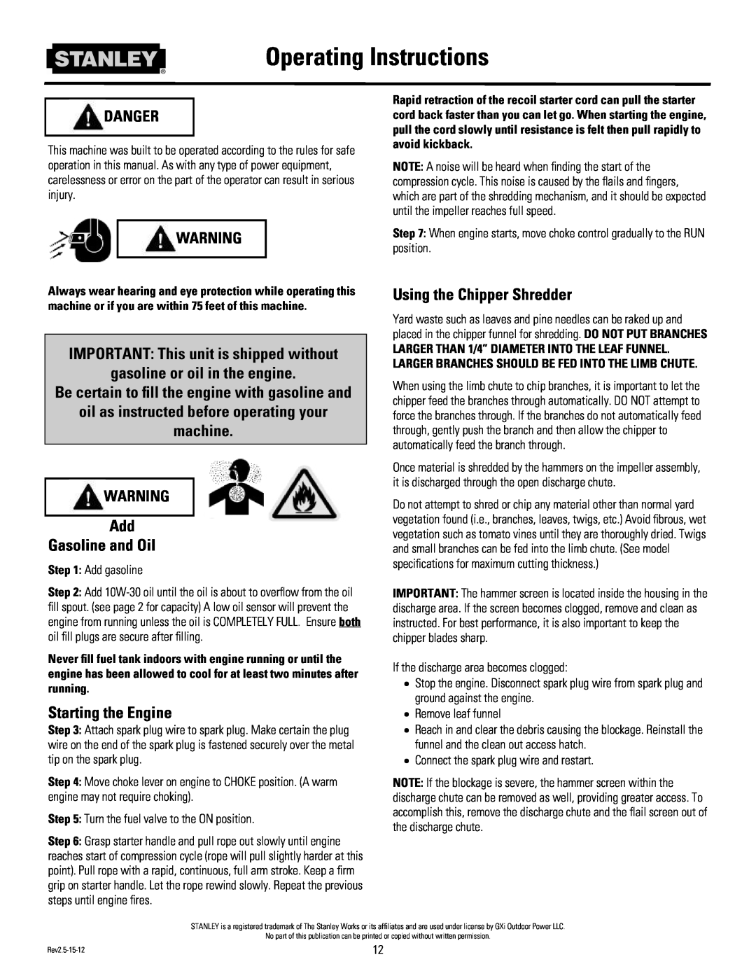 Stanley Black & Decker CH2 Operating Instructions, IMPORTANT: This unit is shipped without, gasoline or oil in the engine 