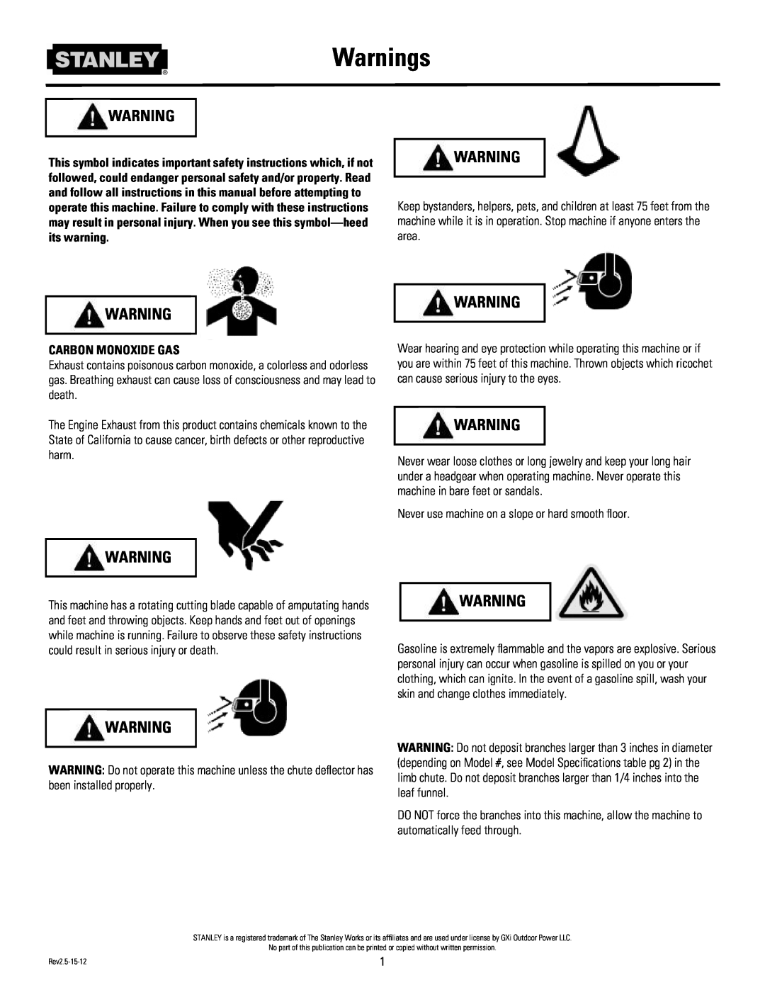 Stanley Black & Decker CH2 owner manual Warnings, Carbon Monoxide Gas 