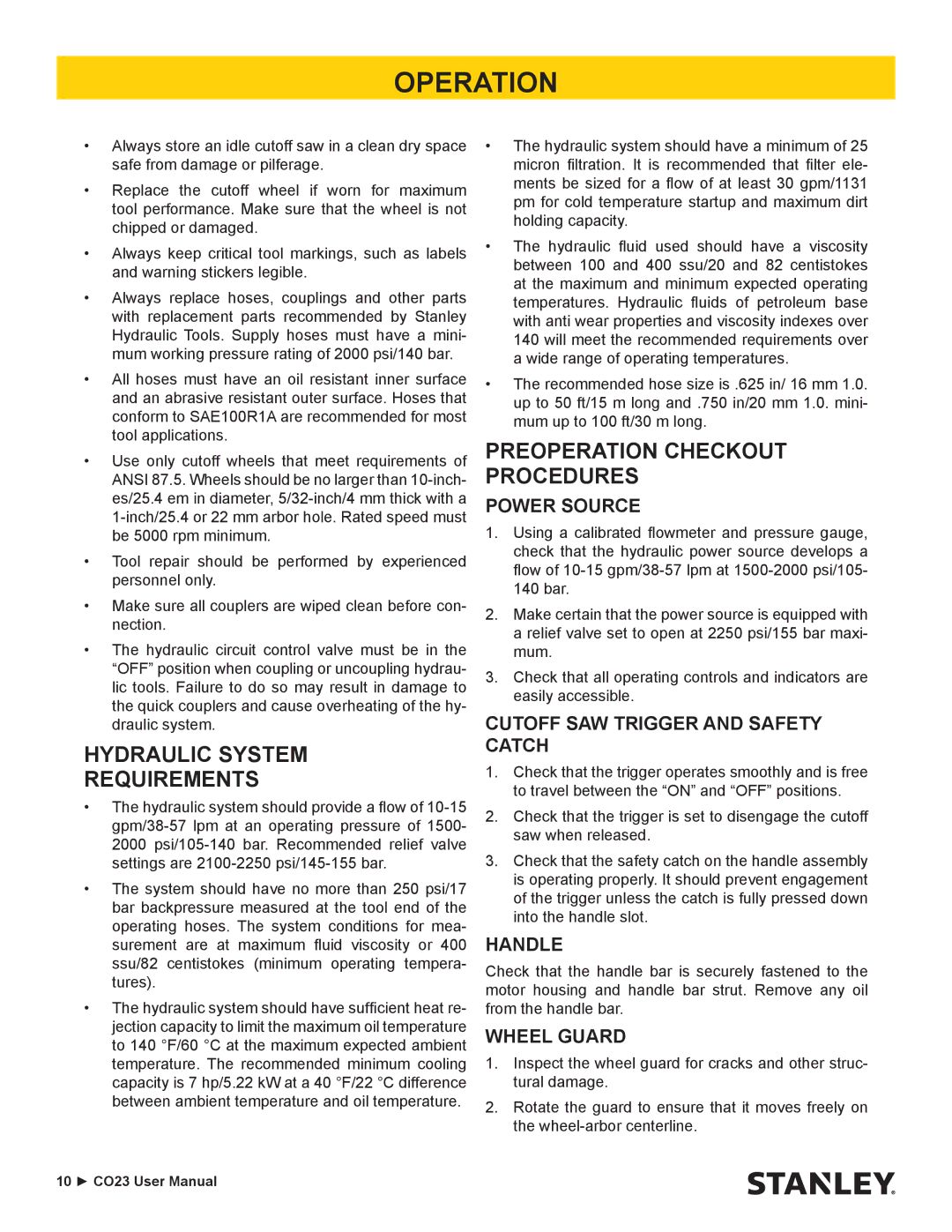 Stanley Black & Decker CO23 user manual Operation, Hydraulic System Requirements, Preoperation Checkout Procedures 