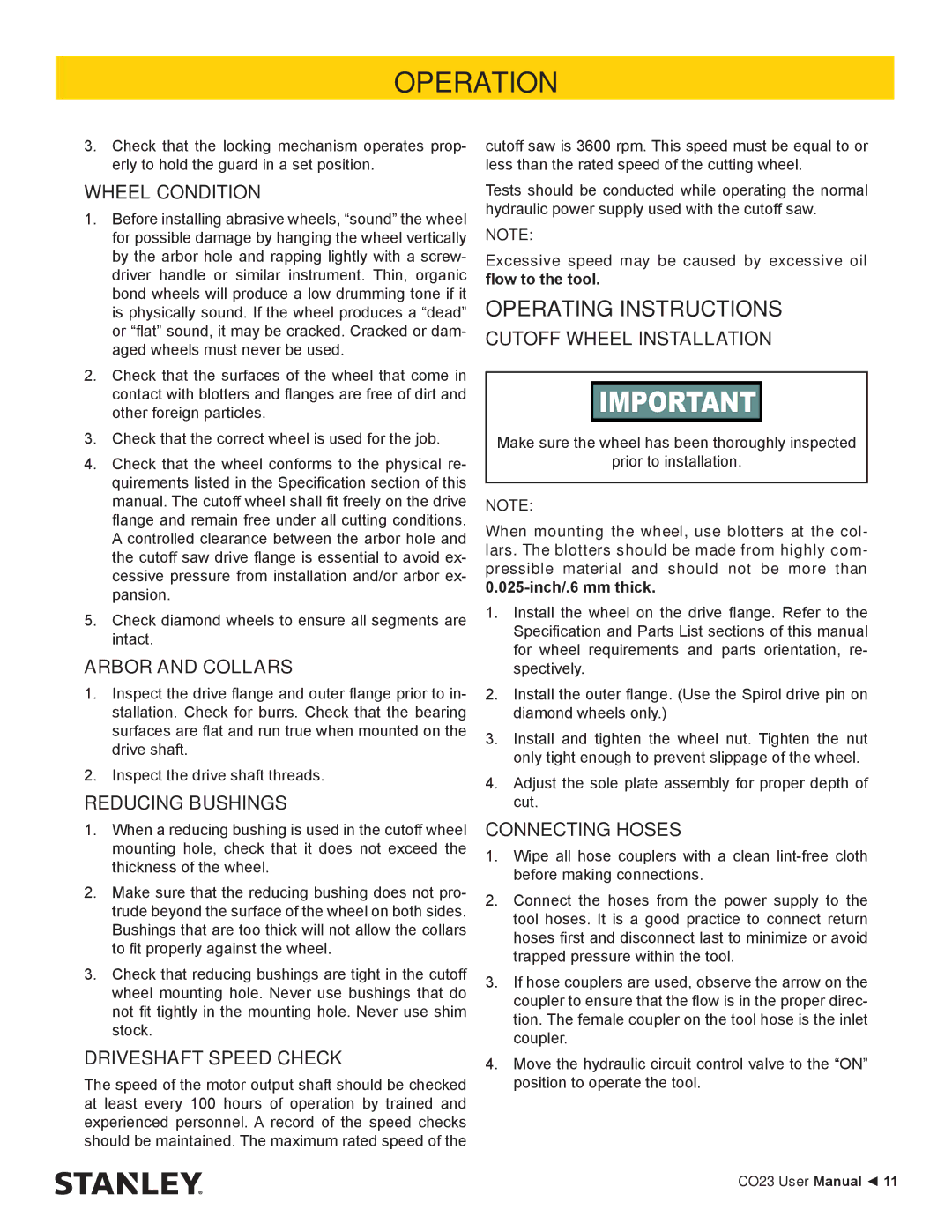 Stanley Black & Decker CO23 user manual Operating Instructions 