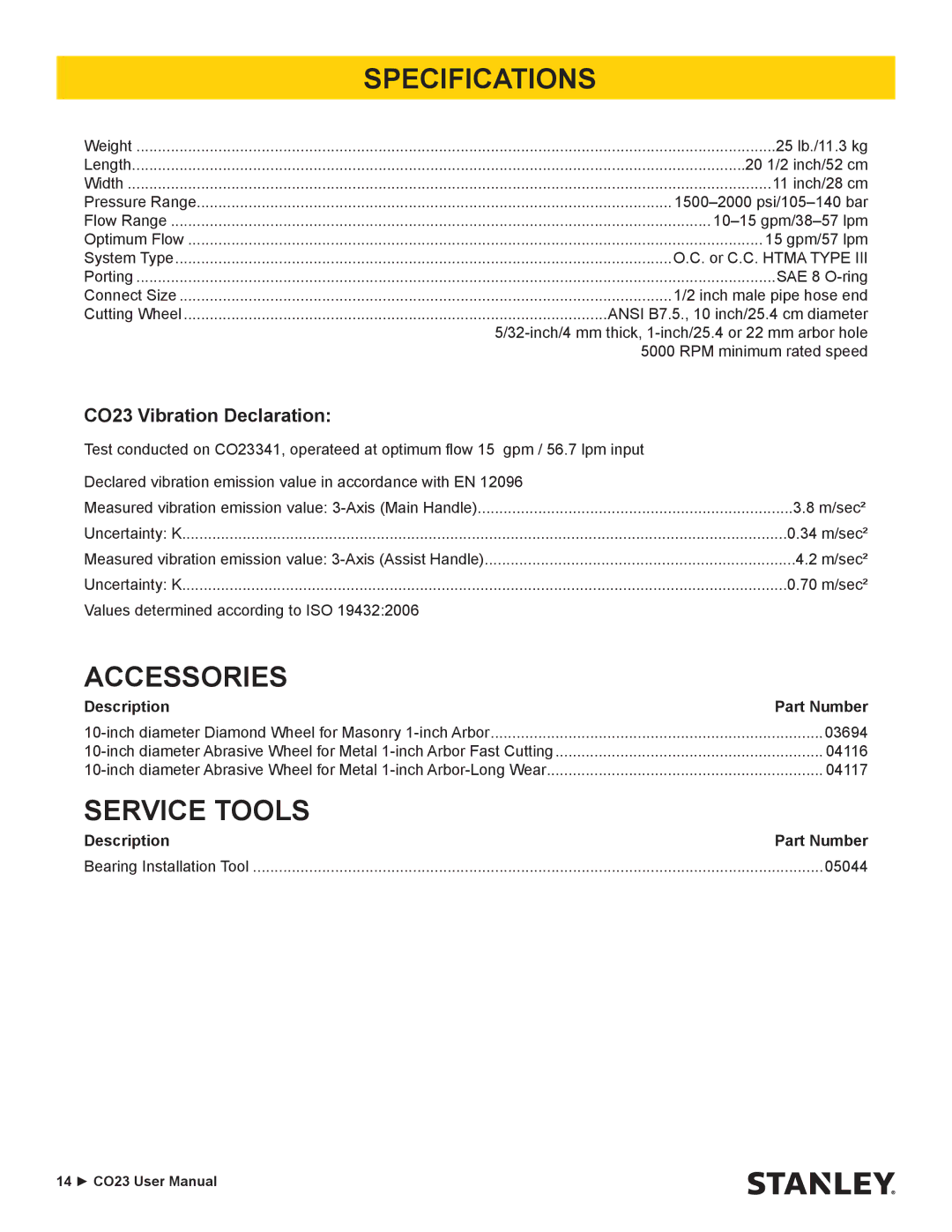 Stanley Black & Decker user manual Specifications, Accessories, Service Tools, CO23 Vibration Declaration 